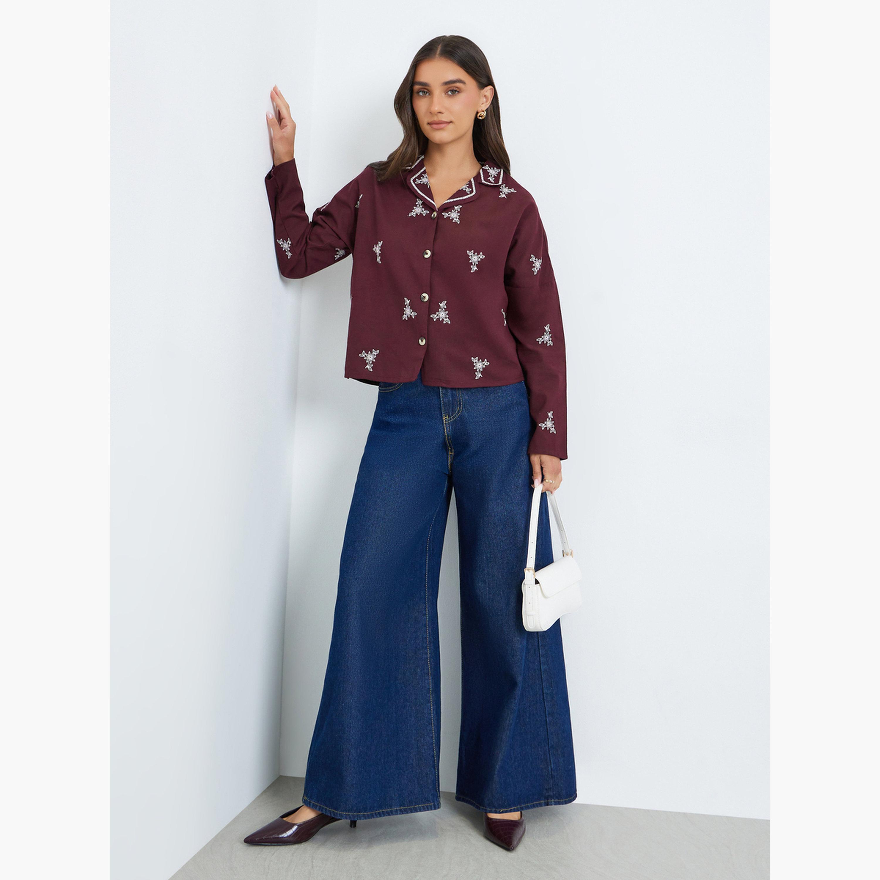 Styli Burgundy Embroidered Long Sleeve Shirt-women-clothing-shirtsandblouses-shirts-image-2