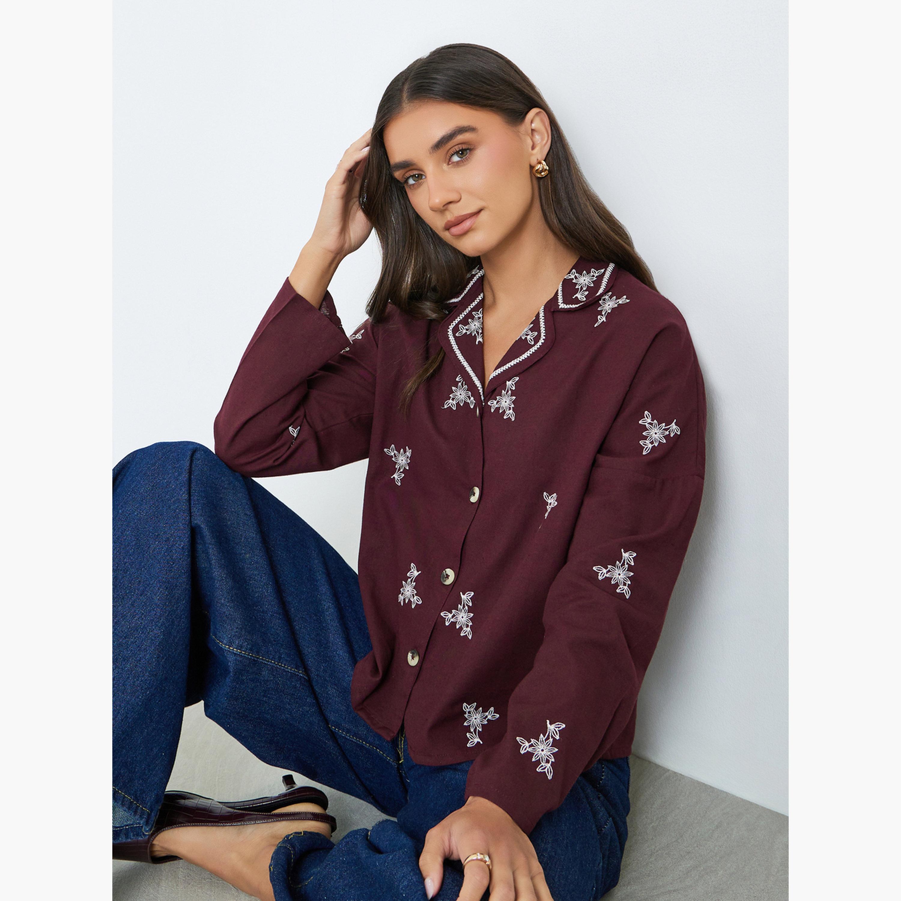 Styli Burgundy Embroidered Long Sleeve Shirt-women-clothing-shirtsandblouses-shirts-image-3