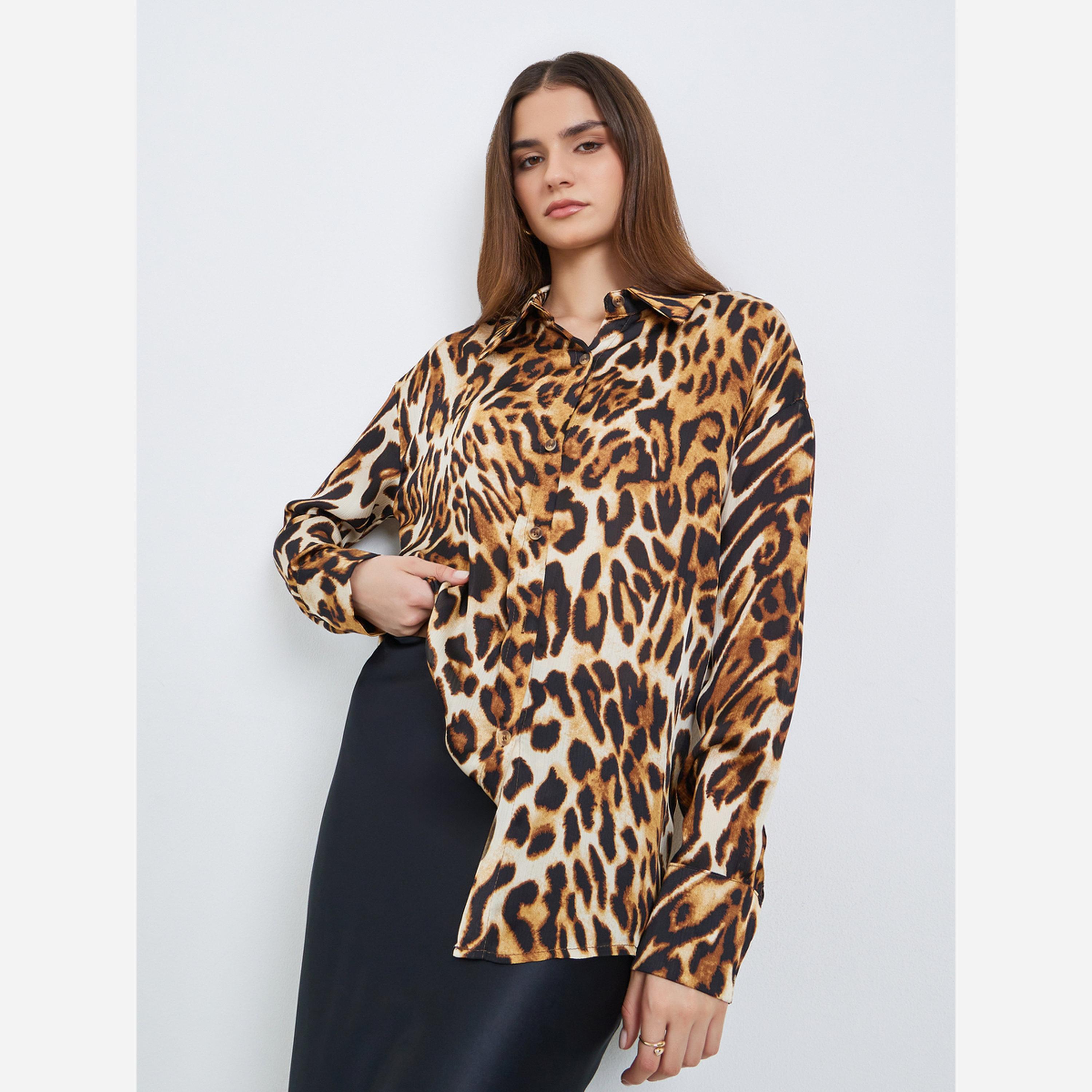 ستايلي - قميص نسائي أكمام طويلة طبعة جلد النمر لون بني-women-clothing-shirtsandblouses-shirts-image-1