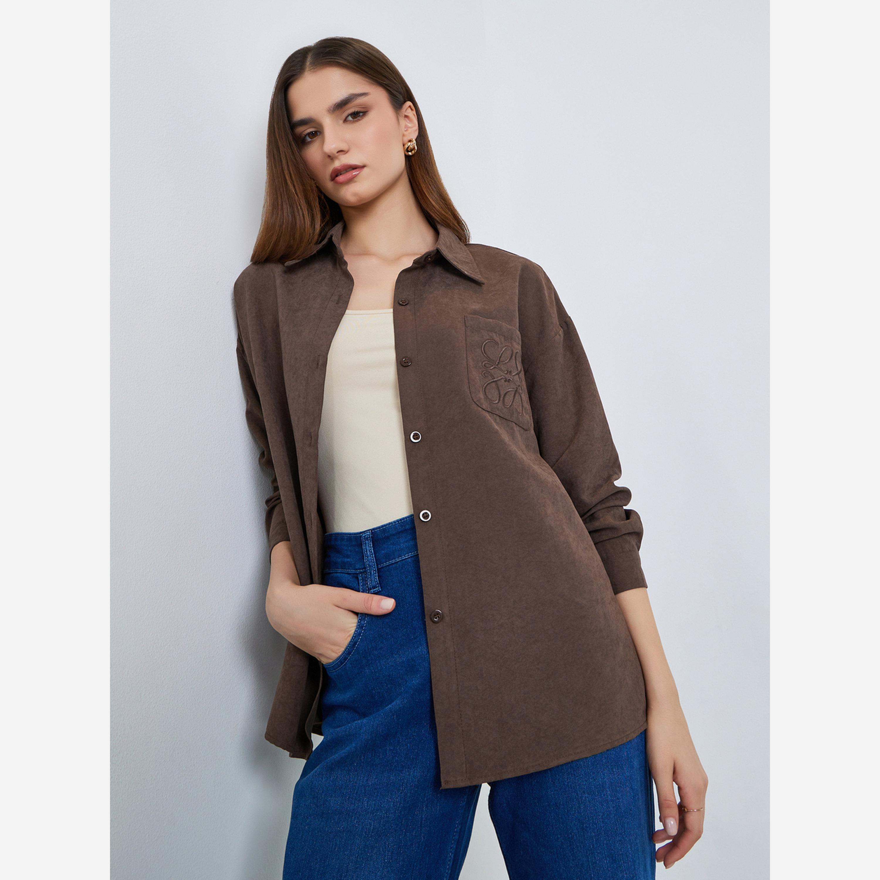 ستايلي - قميص بني مطرز أكمام طويلة-women-clothing-shirtsandblouses-shirts-image-1