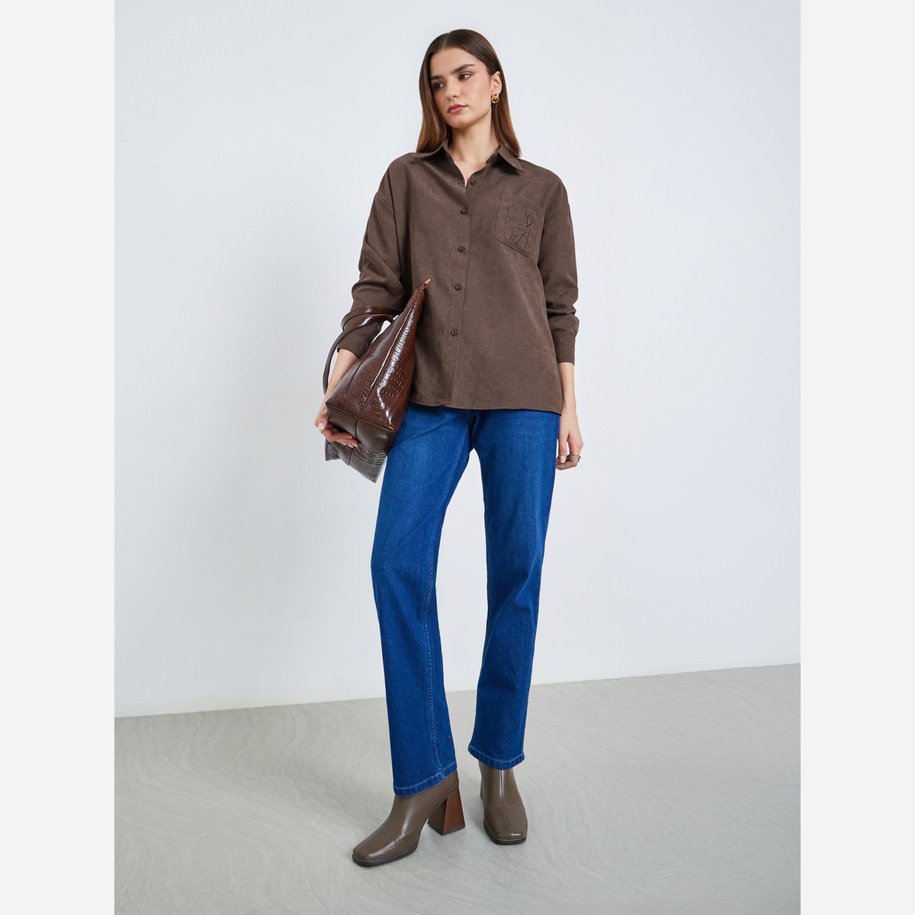 ستايلي - قميص بني مطرز أكمام طويلة-women-clothing-shirtsandblouses-shirts-image-2