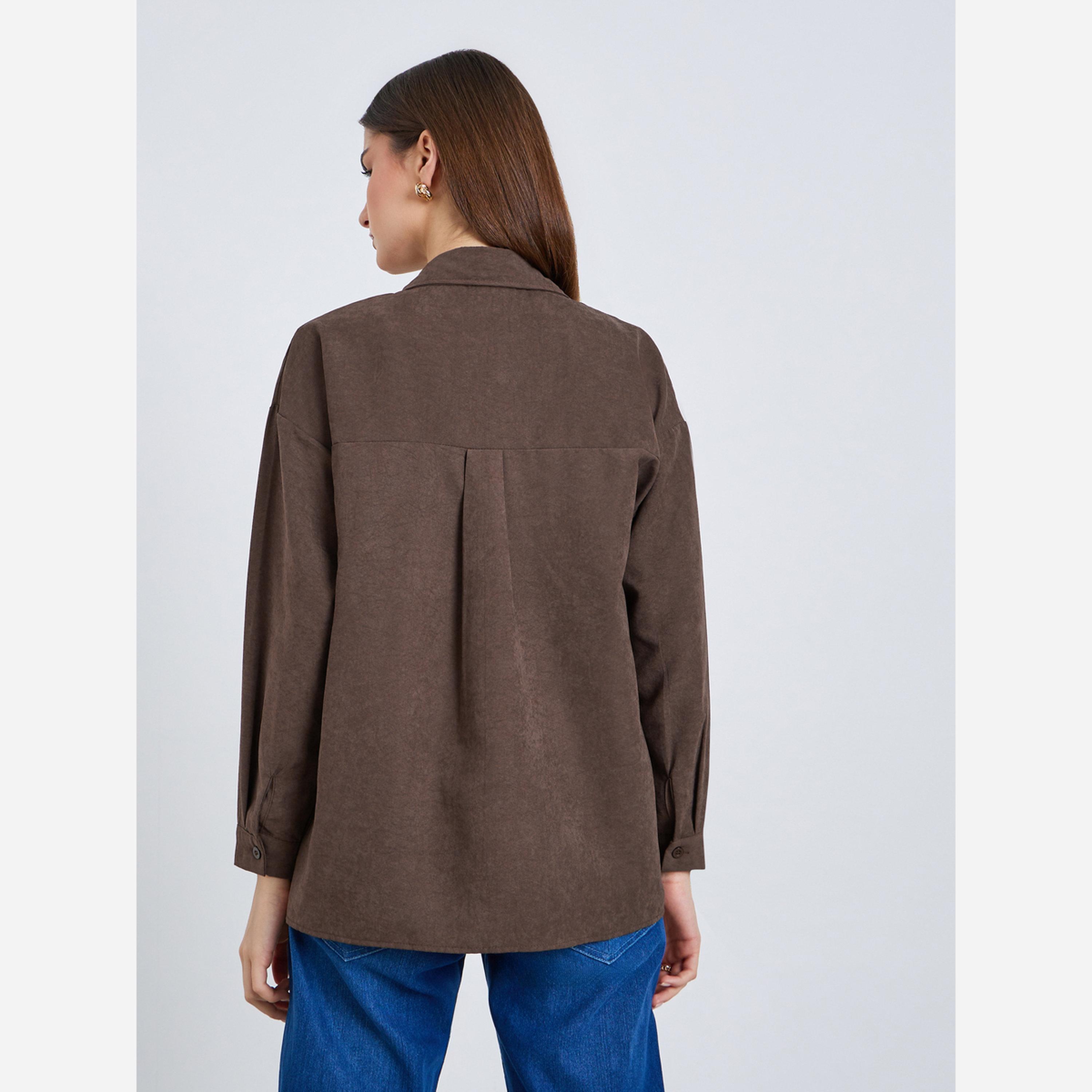 ستايلي - قميص بني مطرز أكمام طويلة-women-clothing-shirtsandblouses-shirts-image-4