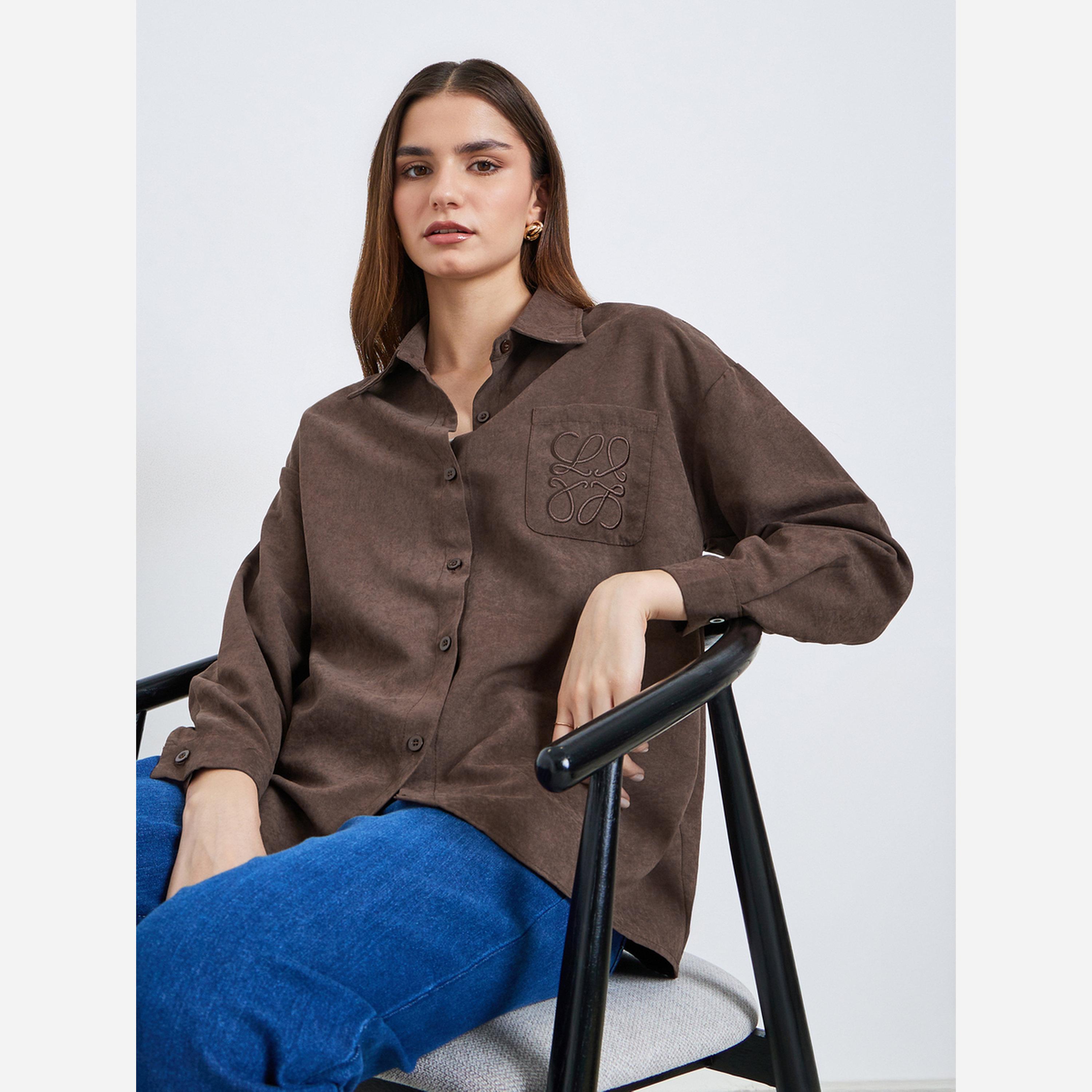 ستايلي - قميص بني مطرز أكمام طويلة-women-clothing-shirtsandblouses-shirts-image-5