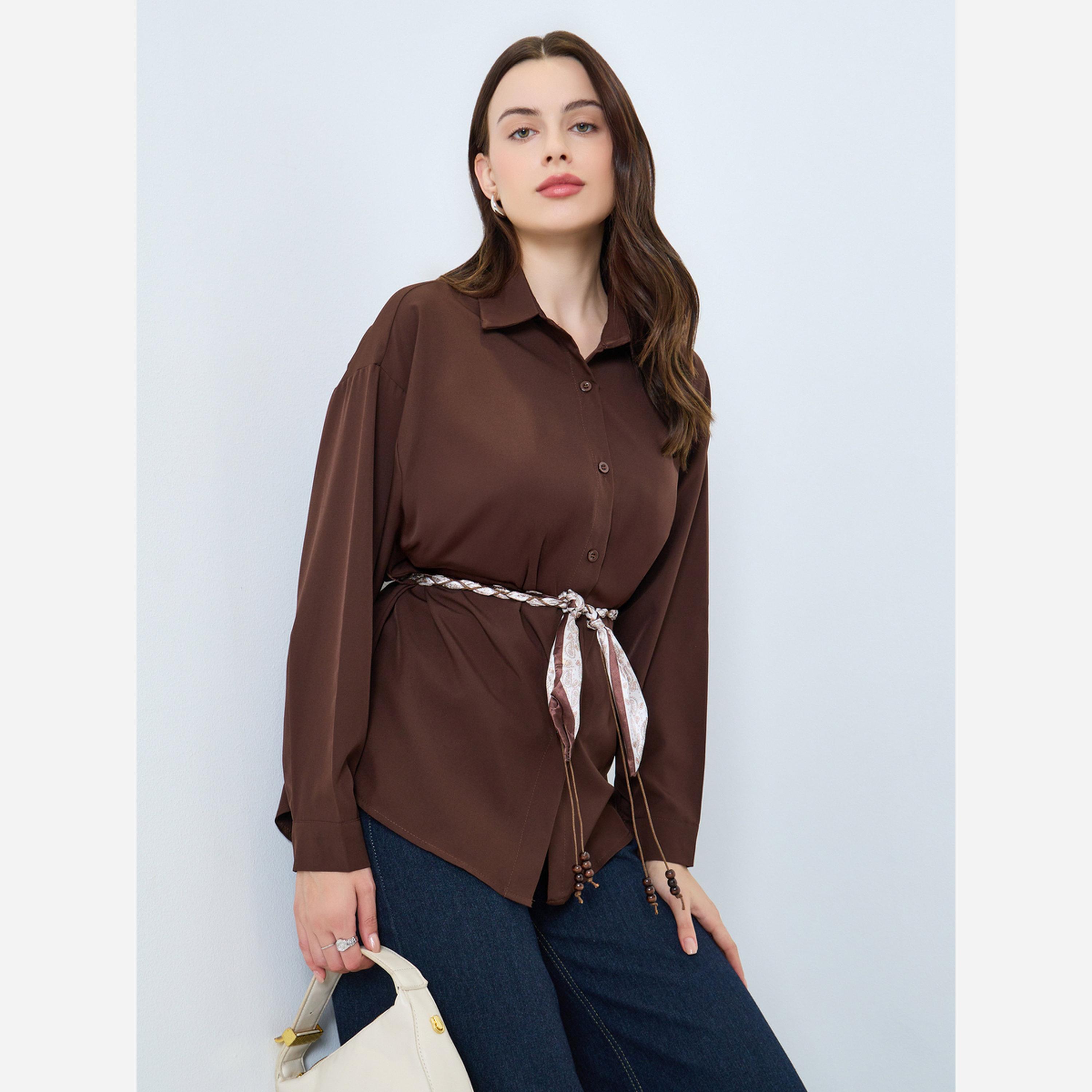 ستايلي - قميص بني أكمام طويلة ومقاس واسع-women-clothing-shirtsandblouses-shirts-image-1