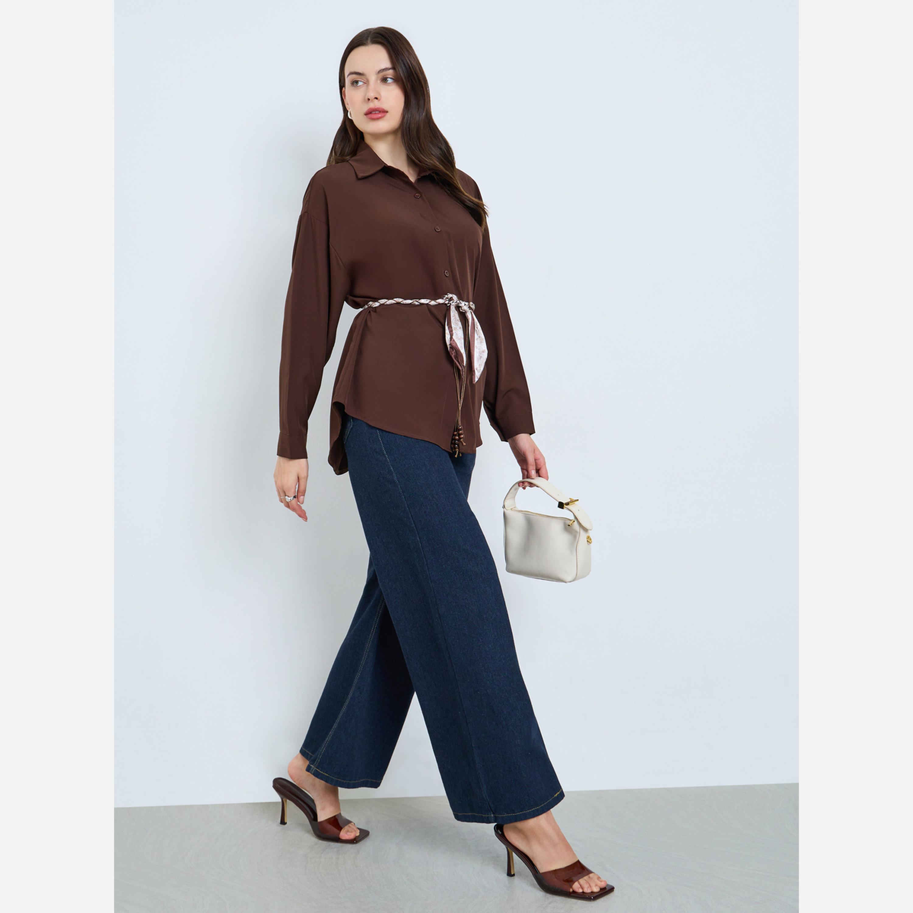 Styli Brown Long Sleeve Oversized Shirt-women-clothing-shirtsandblouses-shirts-image-2
