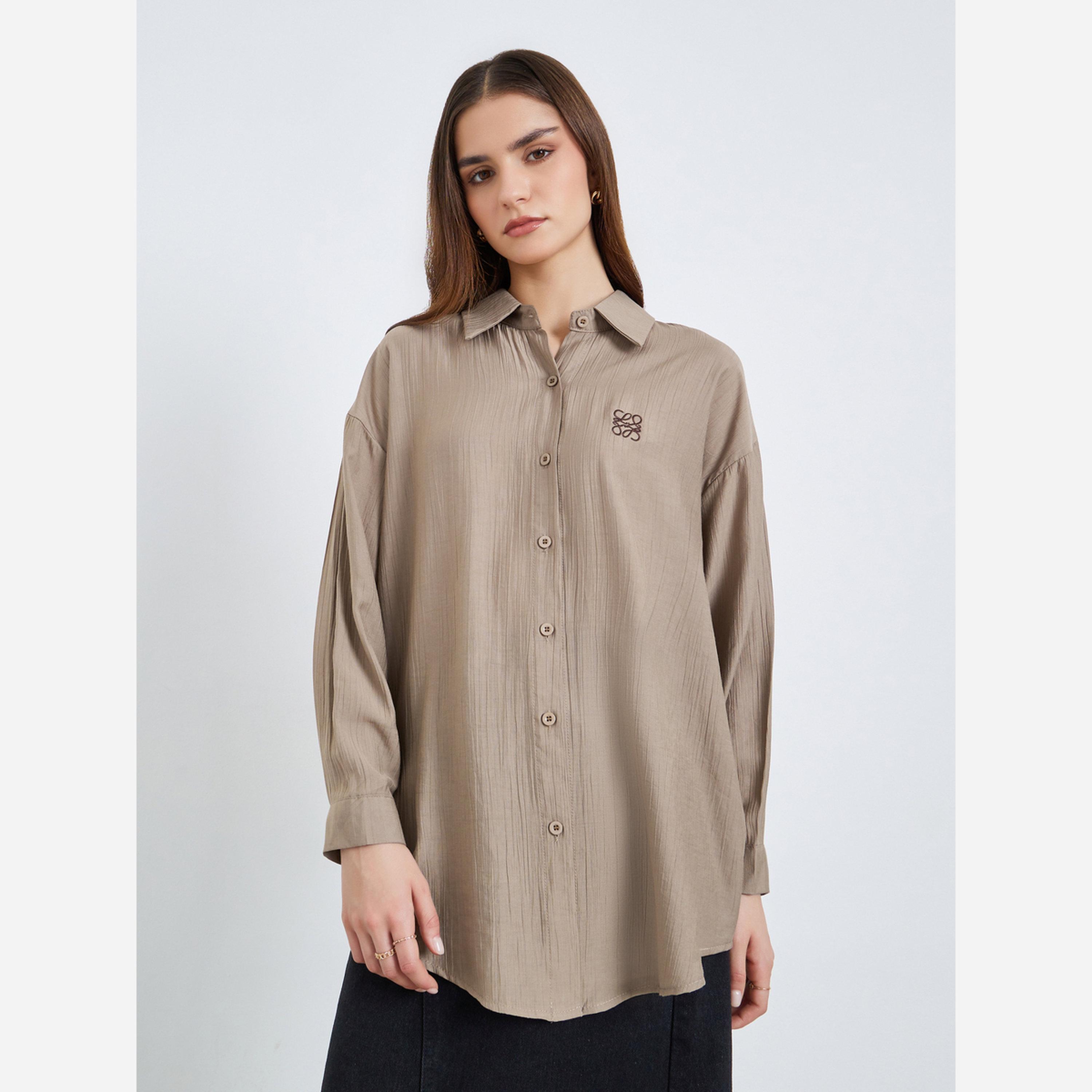 ستايلي - قميص نسائي مطرز لون بيج مقاس واسع-women-clothing-shirtsandblouses-shirts-image-3