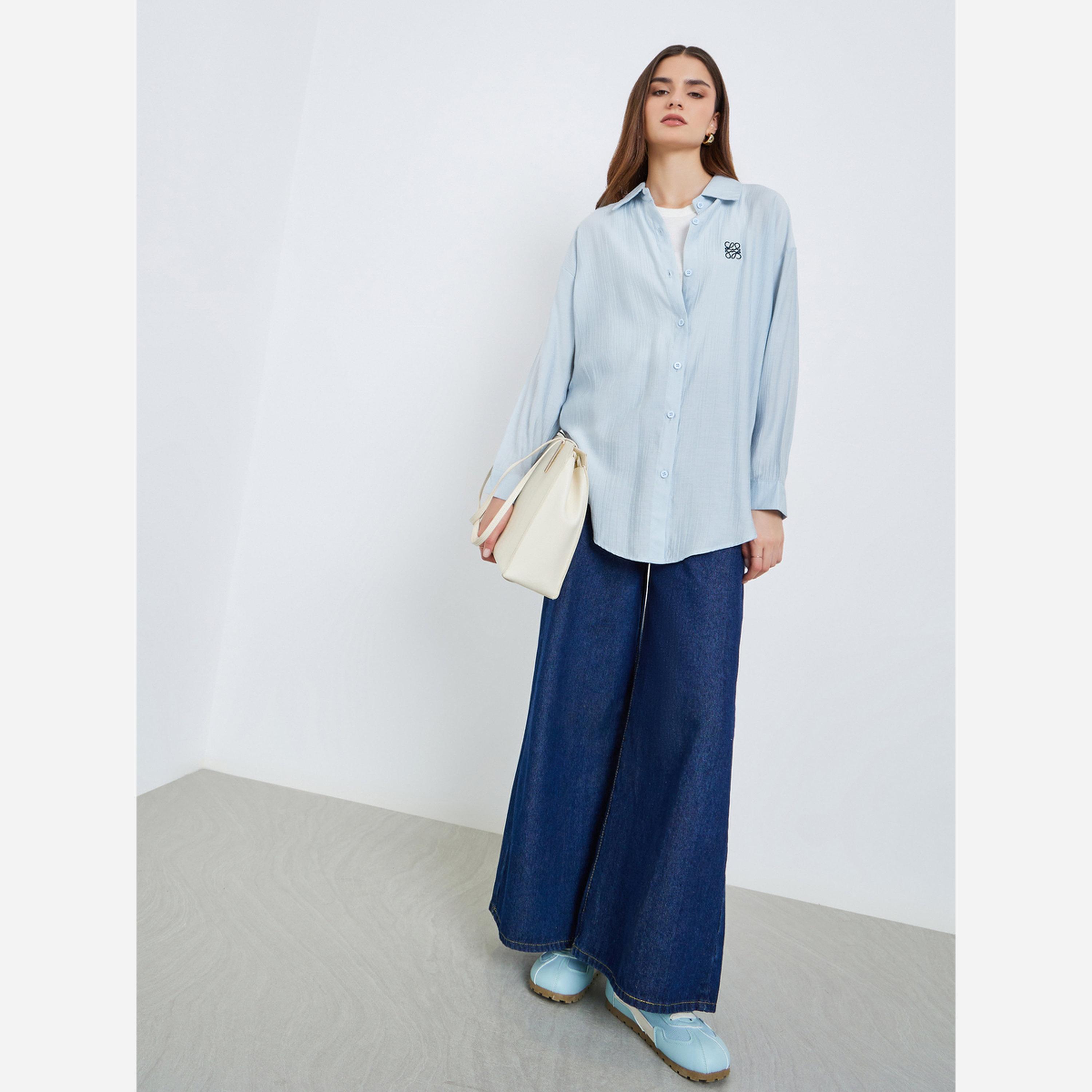 ستايلي - قميص نسائي لون أزرق فاتح مقاس واسع بتفاصيل مطرزة-women-clothing-shirtsandblouses-shirts-image-2