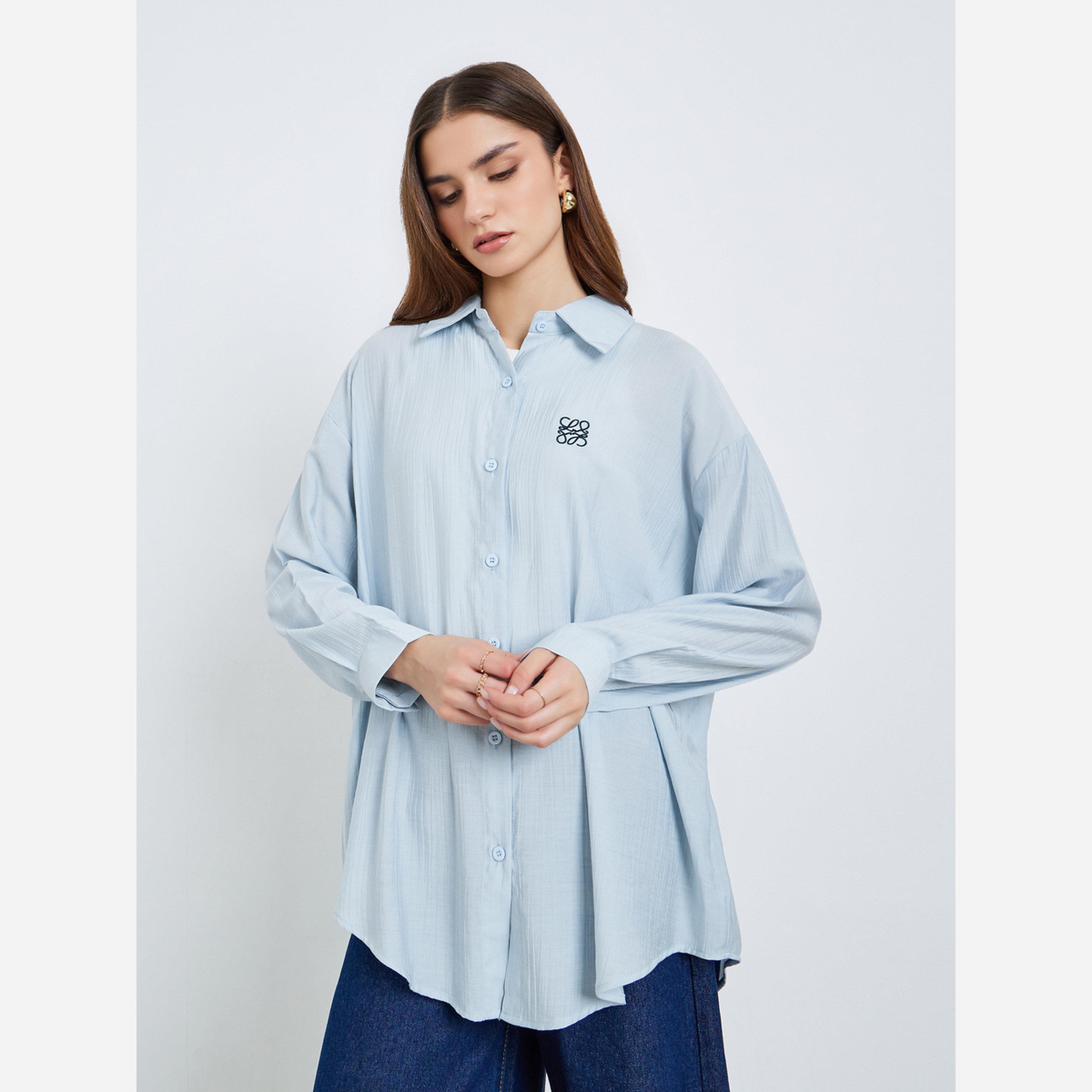 ستايلي - قميص نسائي لون أزرق فاتح مقاس واسع بتفاصيل مطرزة-women-clothing-shirtsandblouses-shirts-image-3