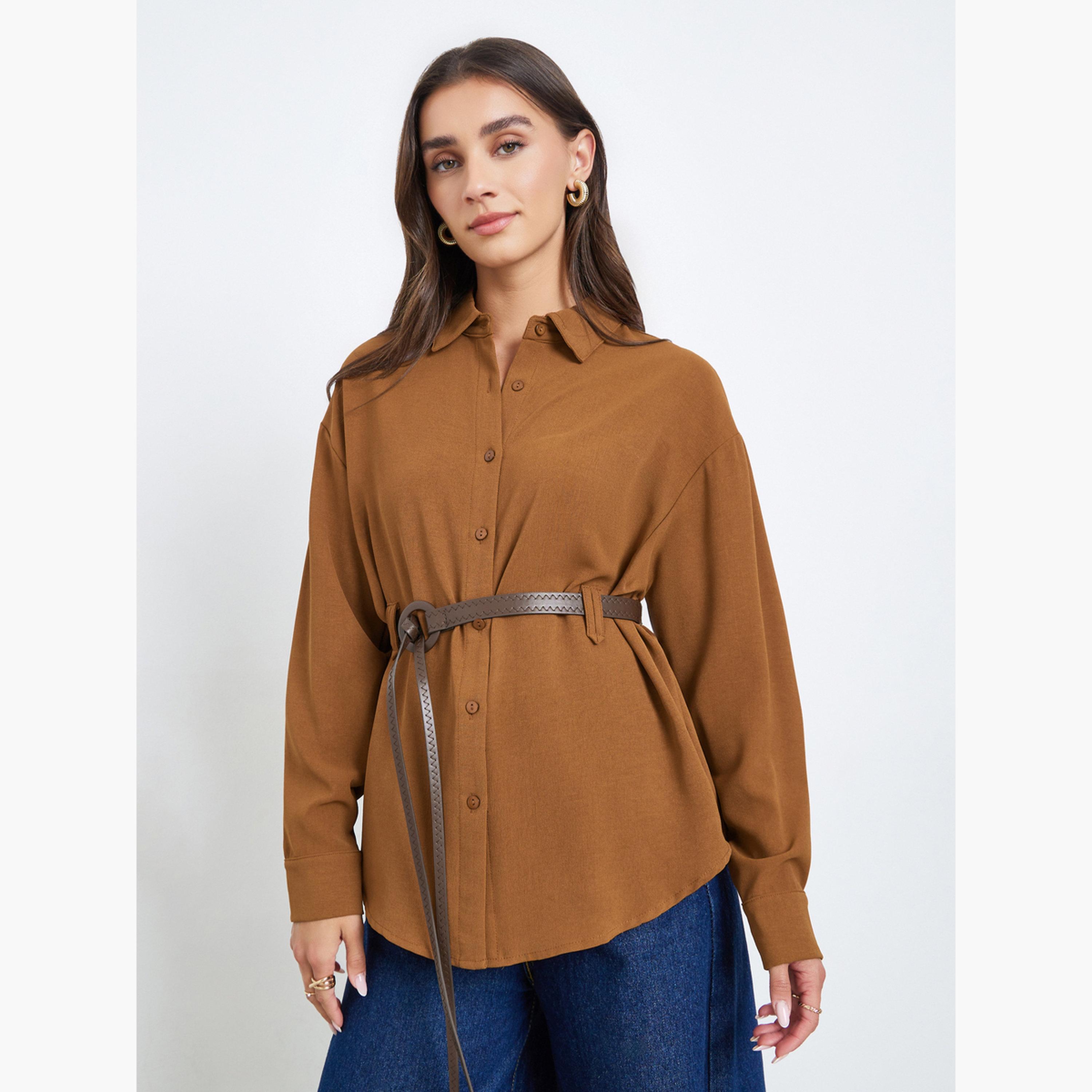 Styli Women Mustard Plain Long Sleeve Shirt with Belt-women-clothing-shirtsandblouses-shirts-image-1
