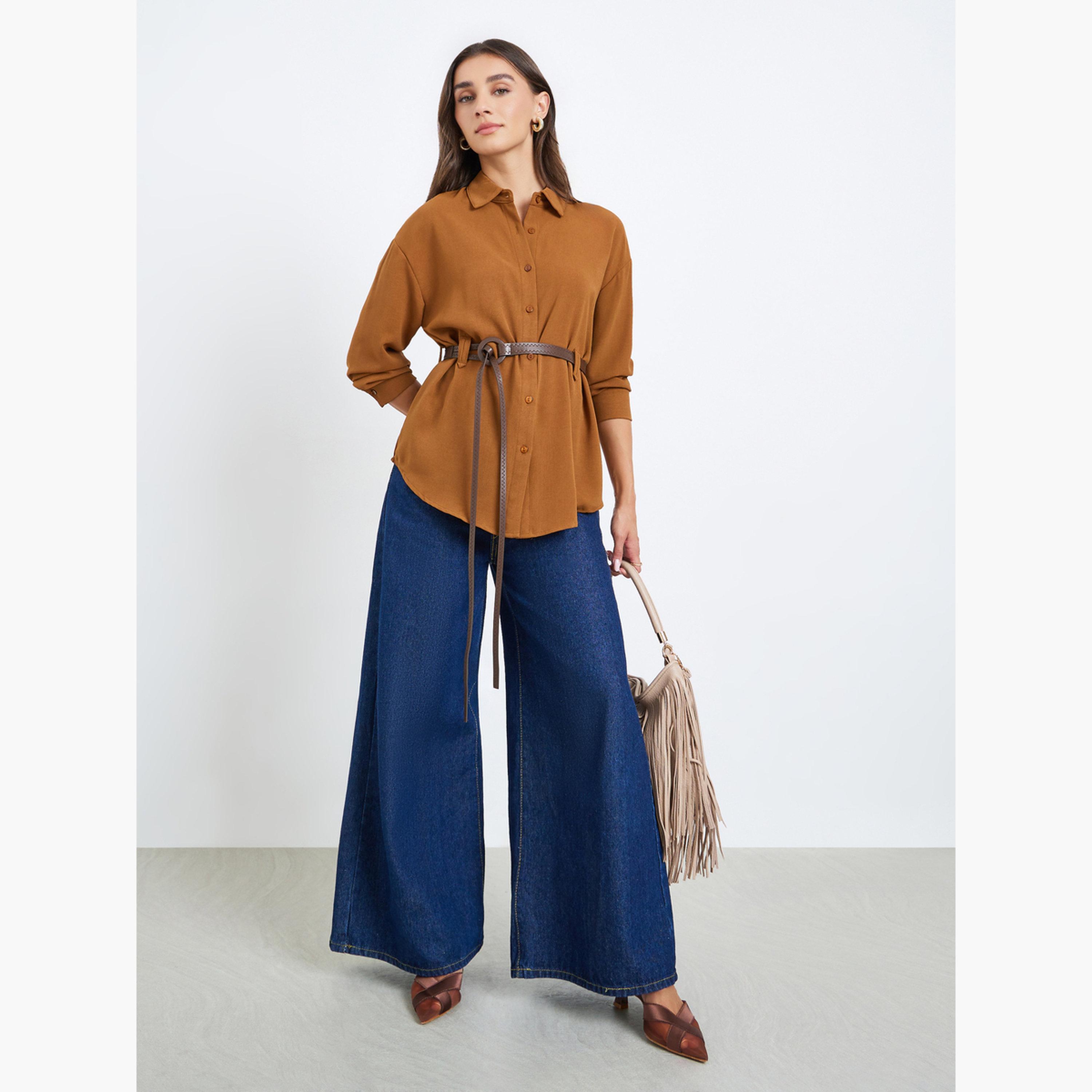 Styli Women Mustard Plain Long Sleeve Shirt with Belt-women-clothing-shirtsandblouses-shirts-image-2