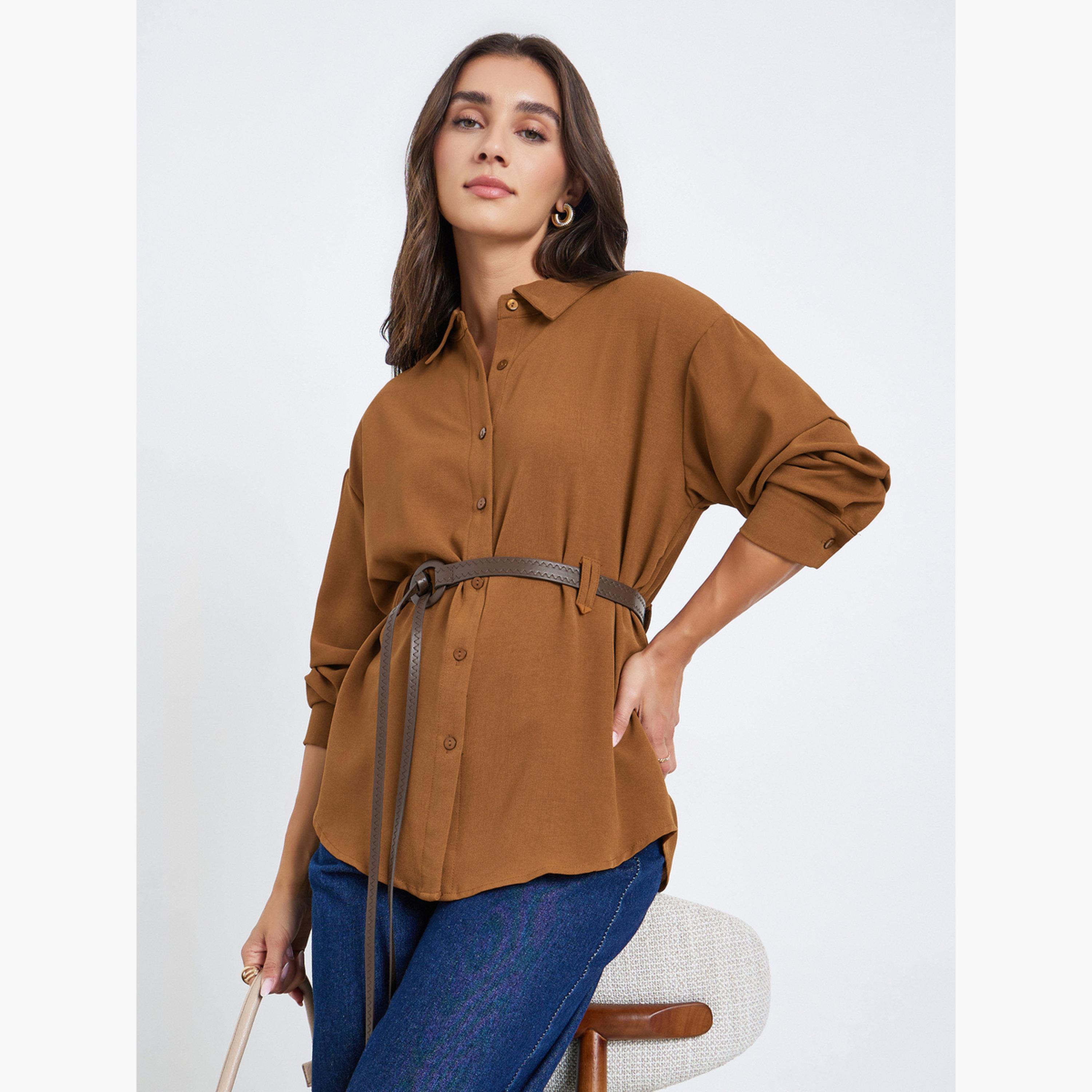Styli Women Mustard Plain Long Sleeve Shirt with Belt-women-clothing-shirtsandblouses-shirts-image-3