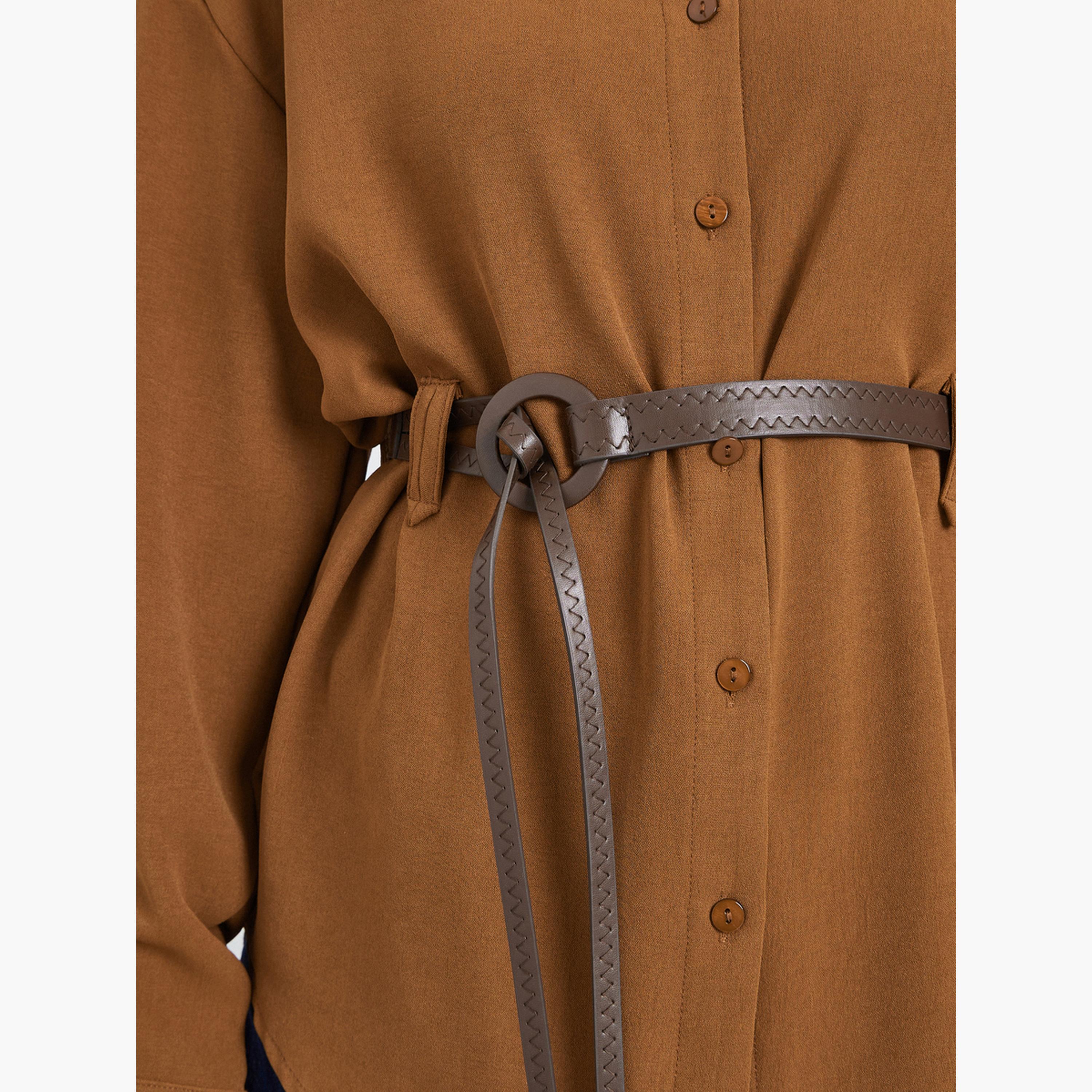 Styli Women Mustard Plain Long Sleeve Shirt with Belt-women-clothing-shirtsandblouses-shirts-image-4