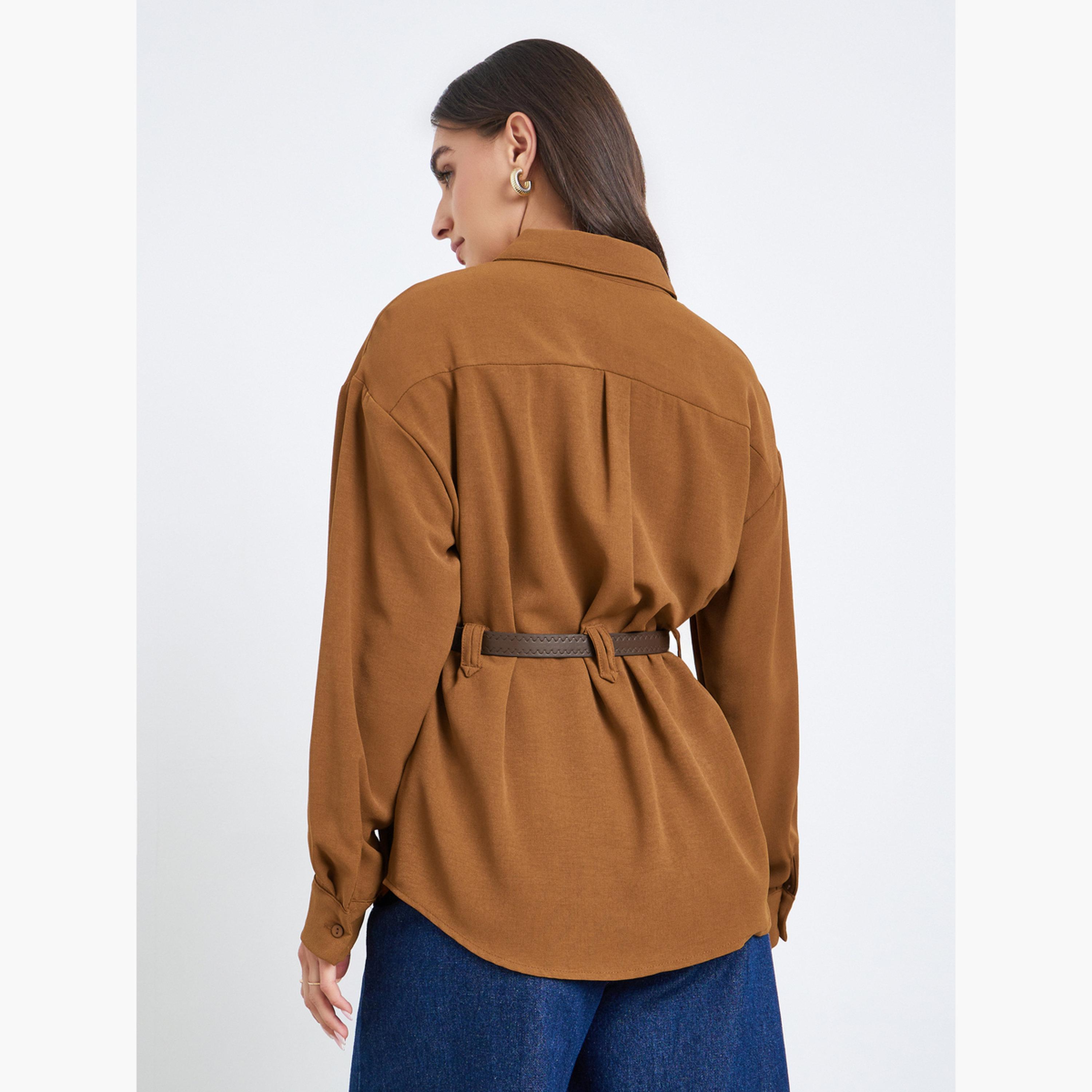 Styli Women Mustard Plain Long Sleeve Shirt with Belt-women-clothing-shirtsandblouses-shirts-image-5