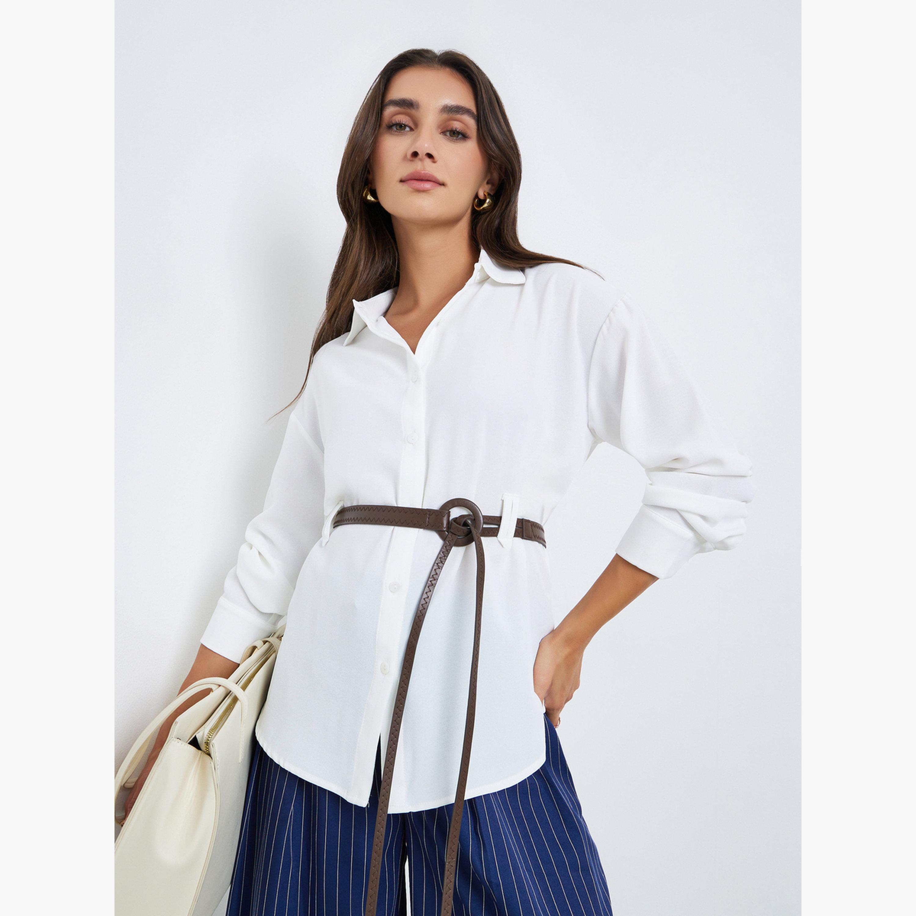 بلوزة سادة بأكمام طويلة وحزام-women-clothing-shirtsandblouses-shirts-image-1