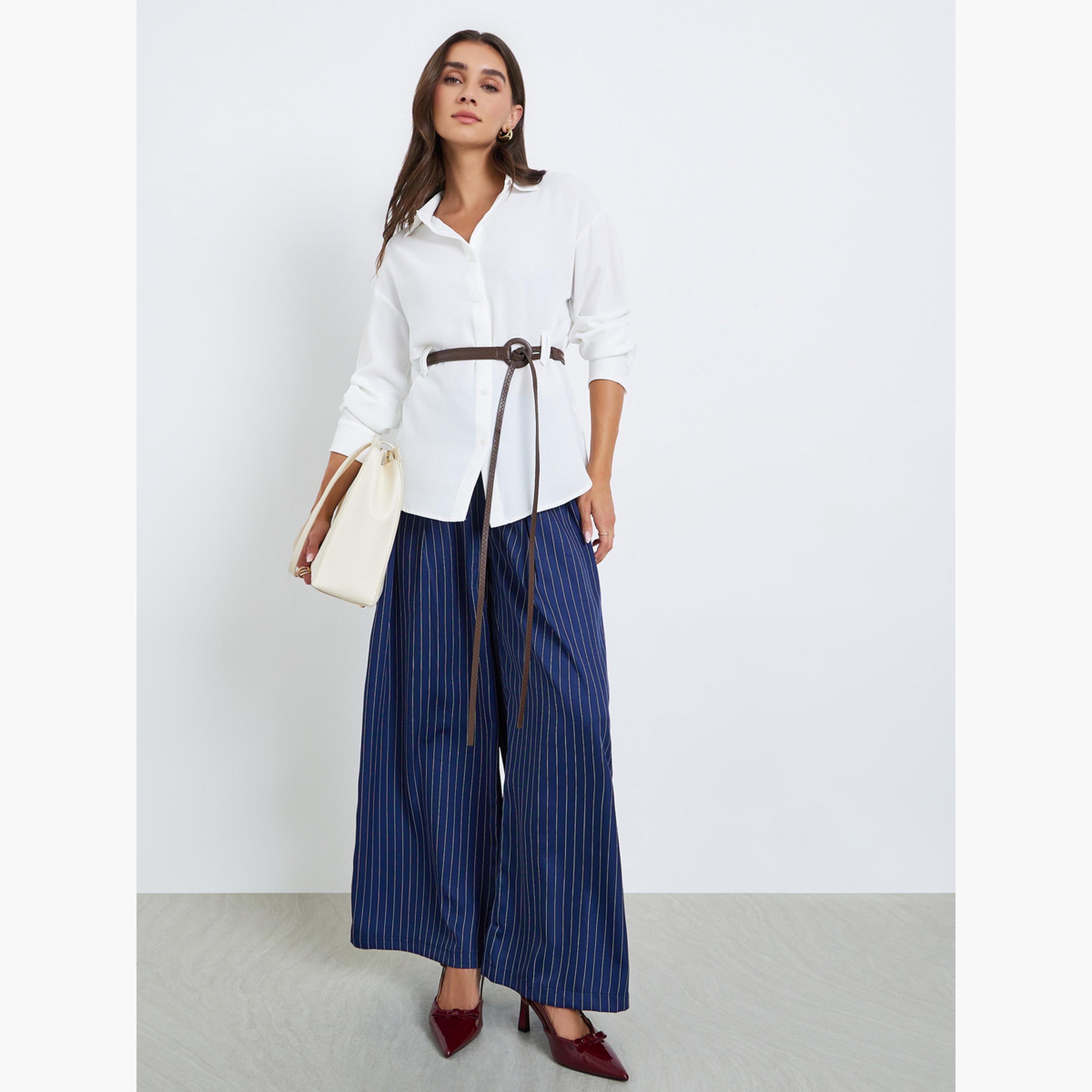 Styli Women White Plain Long Sleeve Shirt with Belt-women-clothing-shirtsandblouses-shirts-image-2