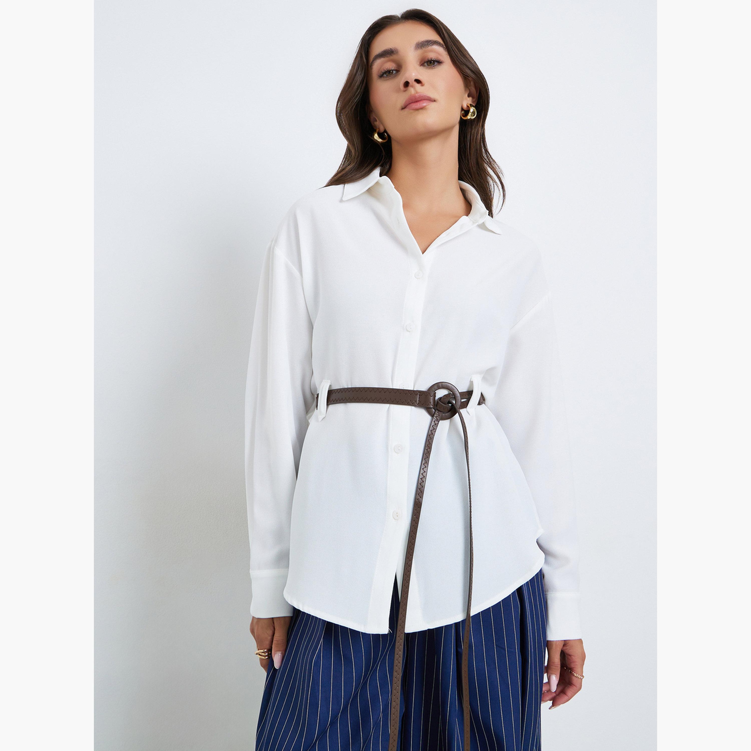 بلوزة سادة بأكمام طويلة وحزام-women-clothing-shirtsandblouses-shirts-image-3