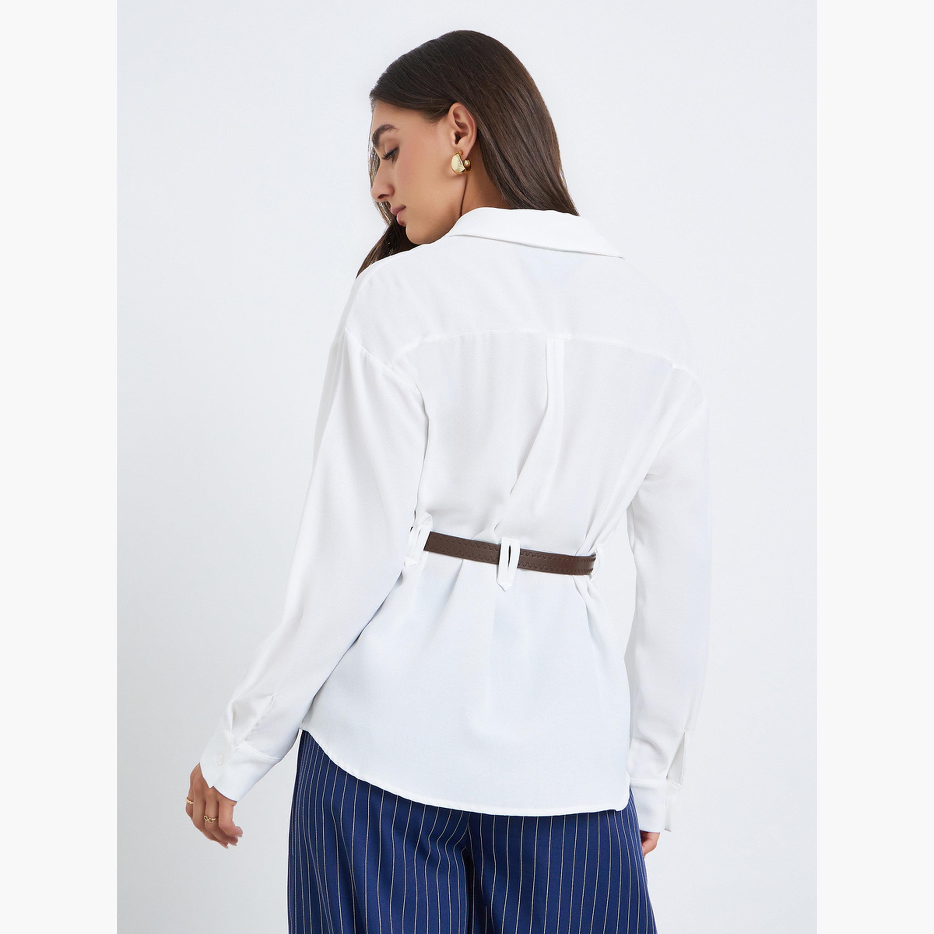 Styli Women White Plain Long Sleeve Shirt with Belt-women-clothing-shirtsandblouses-shirts-image-5