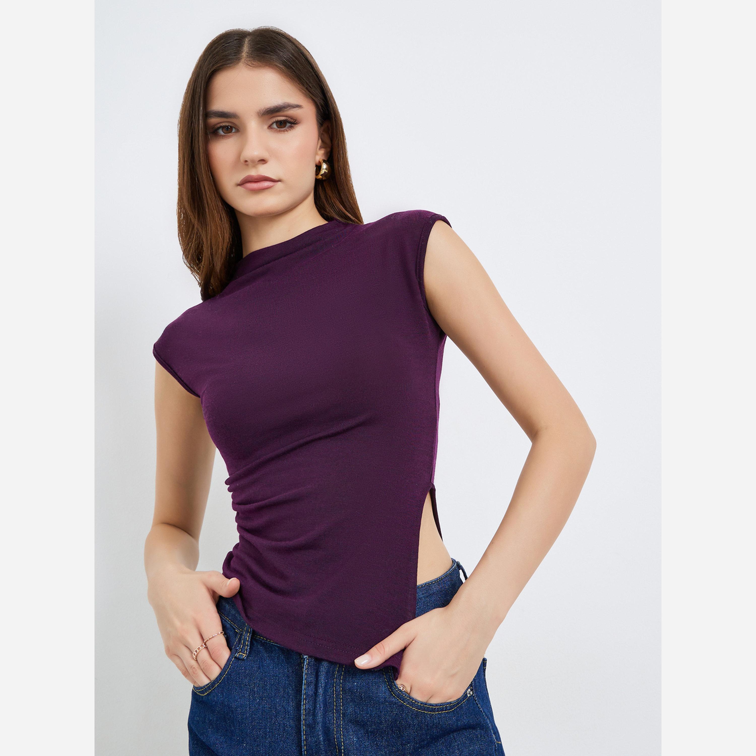 ستايلي - بلوزة للنساء لون بنفسجي محبوكة ياقة عالية بدون أكمام-women-clothing-shirtsandblouses-blouses-image-1