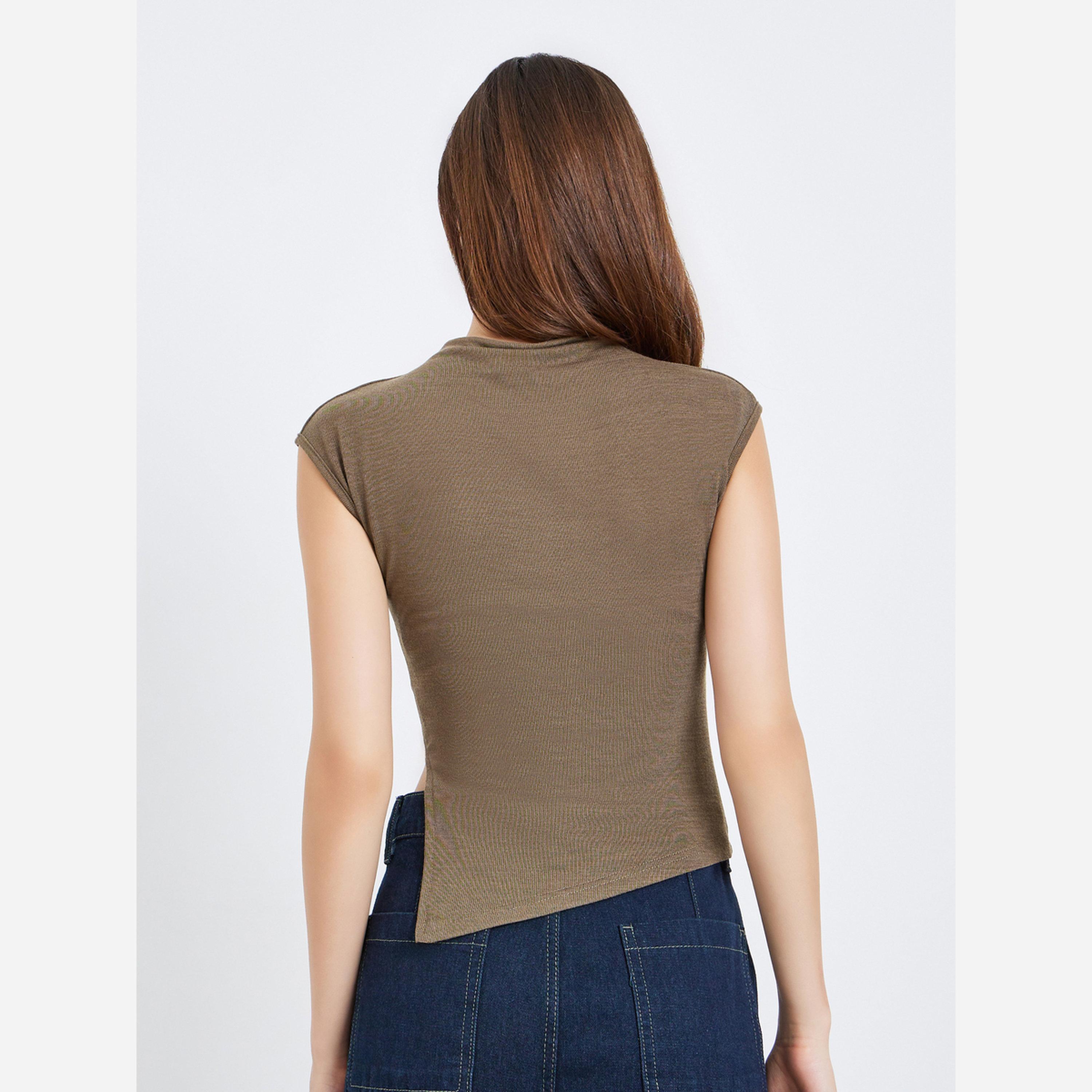 Styli Women Brown Knit Mock Neck Sleeveless Top-women-clothing-shirtsandblouses-blouses-image-4
