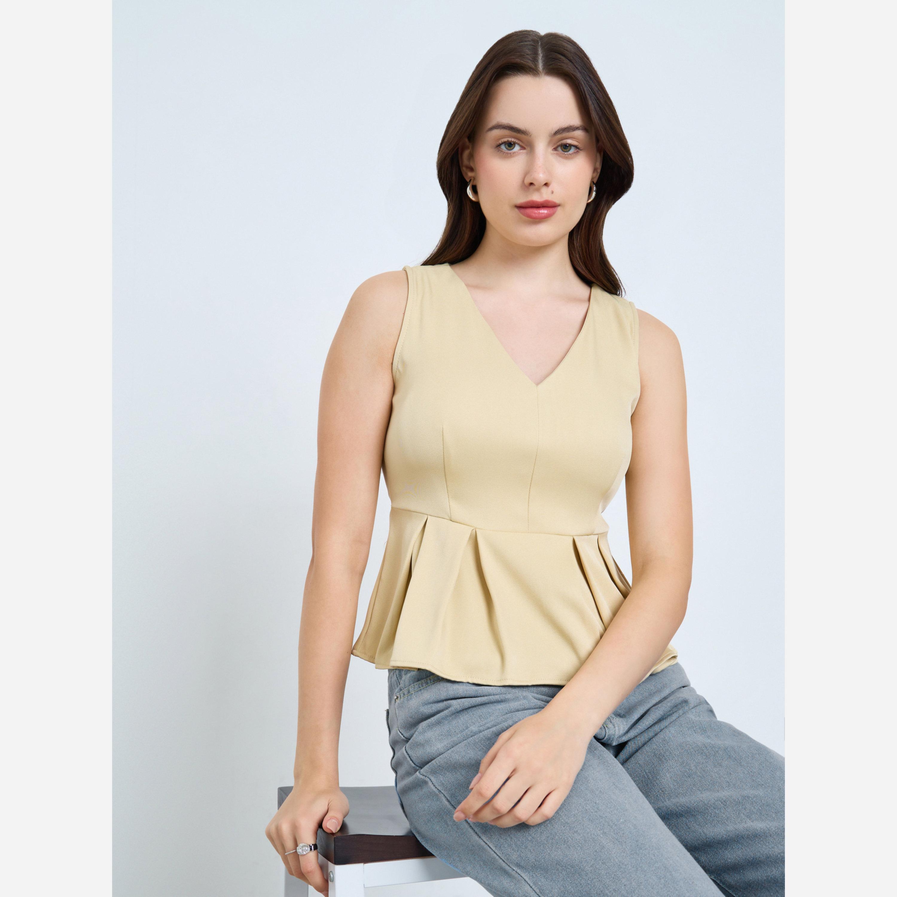 Styli Beige V-Neck Sleeveless Peplum Top-women-clothing-shirtsandblouses-blouses-image-1