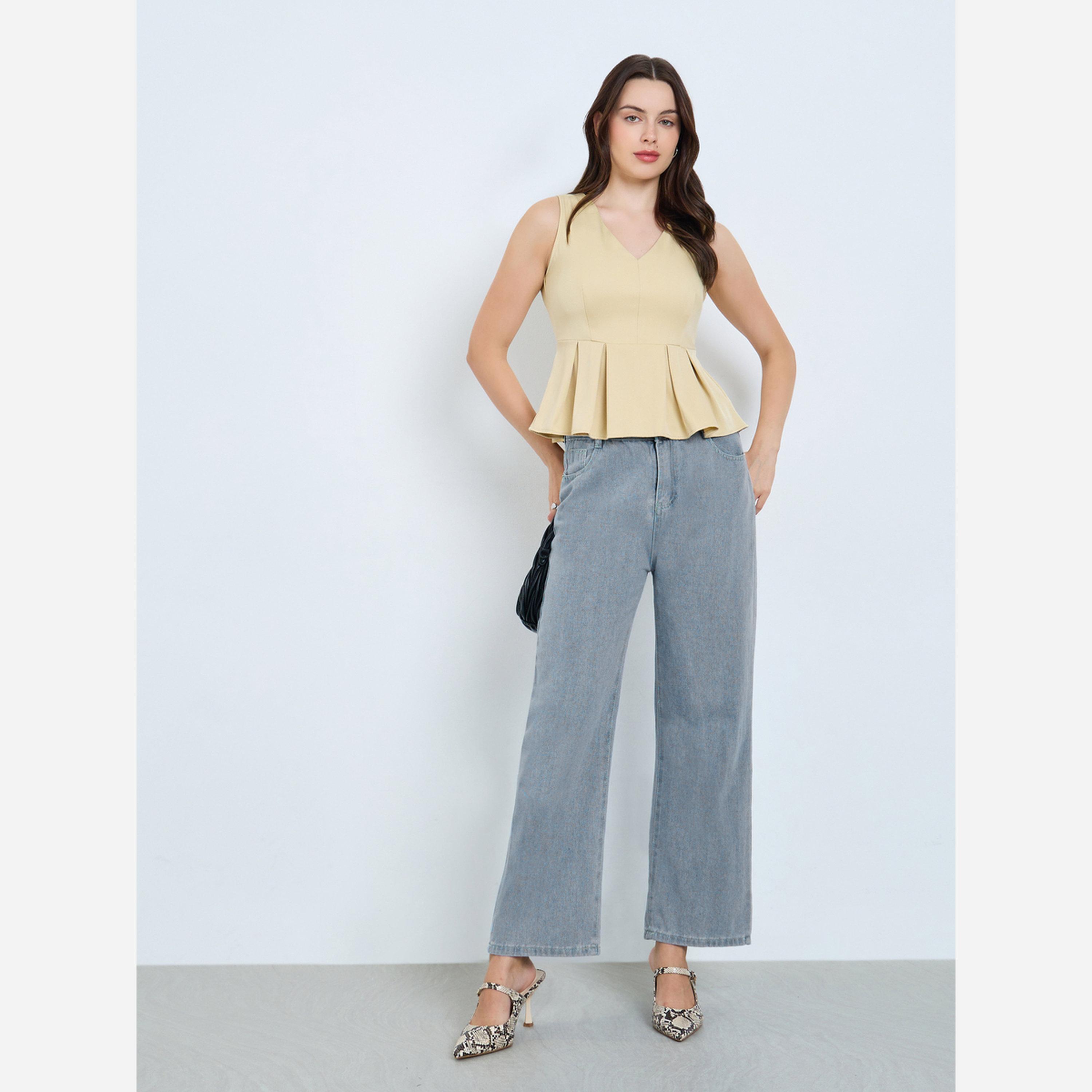 Styli Beige V-Neck Sleeveless Peplum Top-women-clothing-shirtsandblouses-blouses-image-2