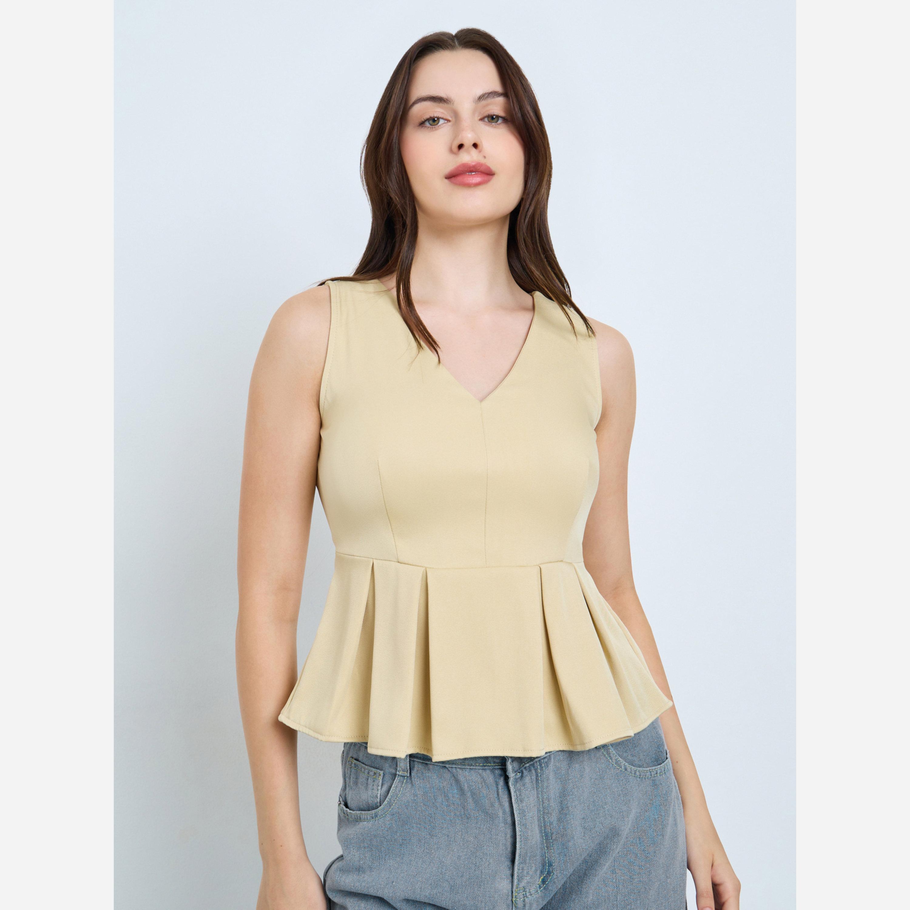 Styli Beige V-Neck Sleeveless Peplum Top-women-clothing-shirtsandblouses-blouses-image-3