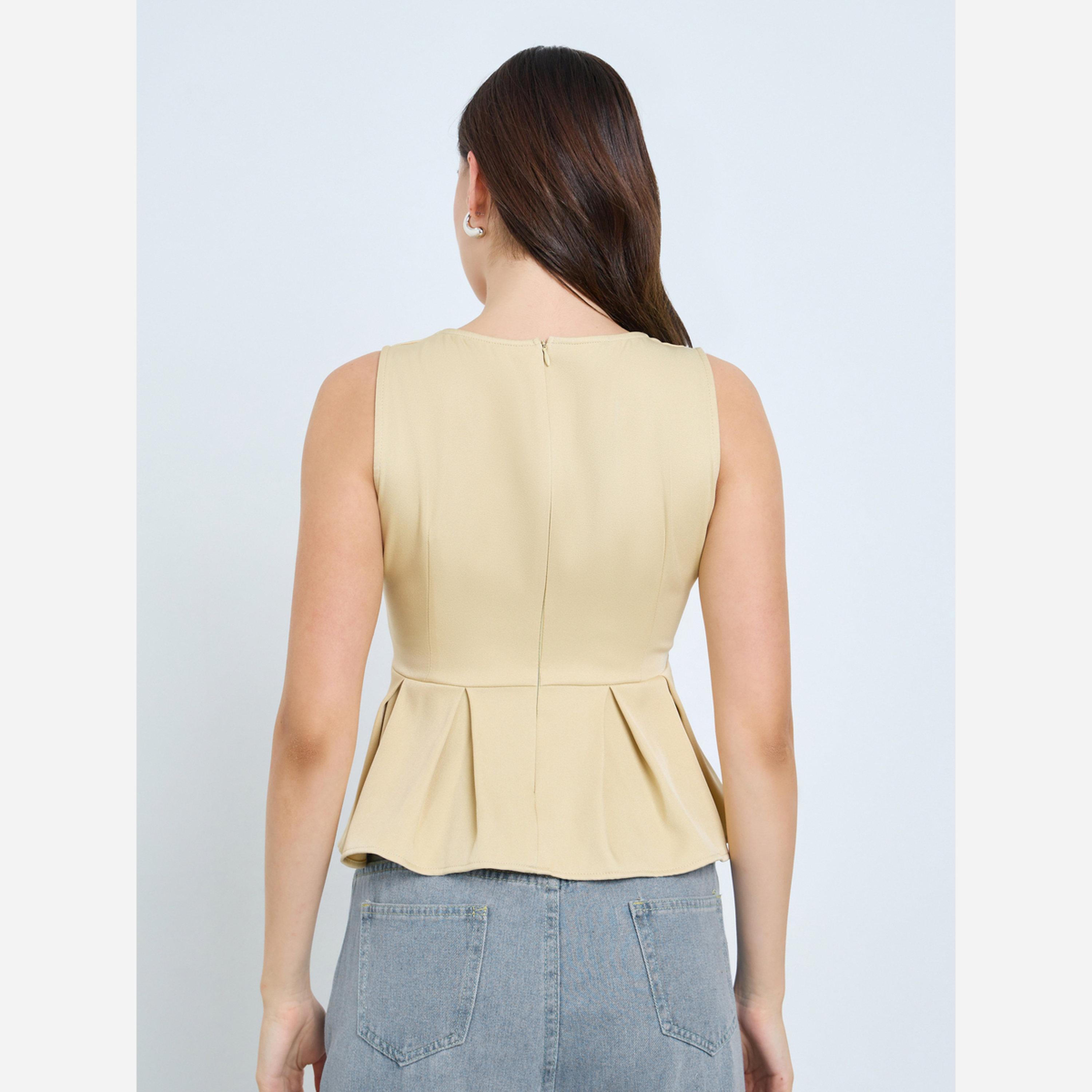 Styli Beige V-Neck Sleeveless Peplum Top-women-clothing-shirtsandblouses-blouses-image-5