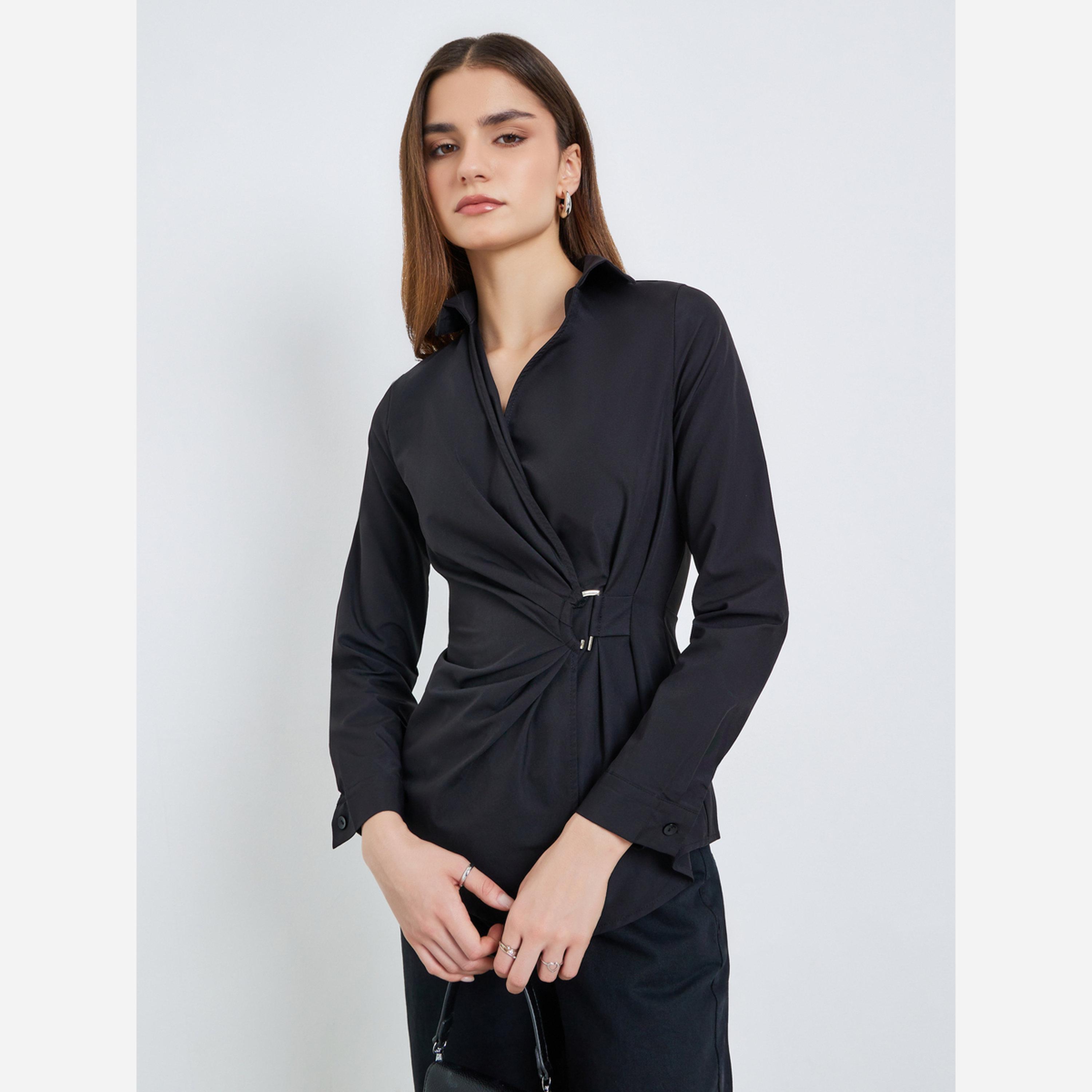 Styli Women Black Long Sleeve Wrap Shirt-women-clothing-shirtsandblouses-blouses-image-1