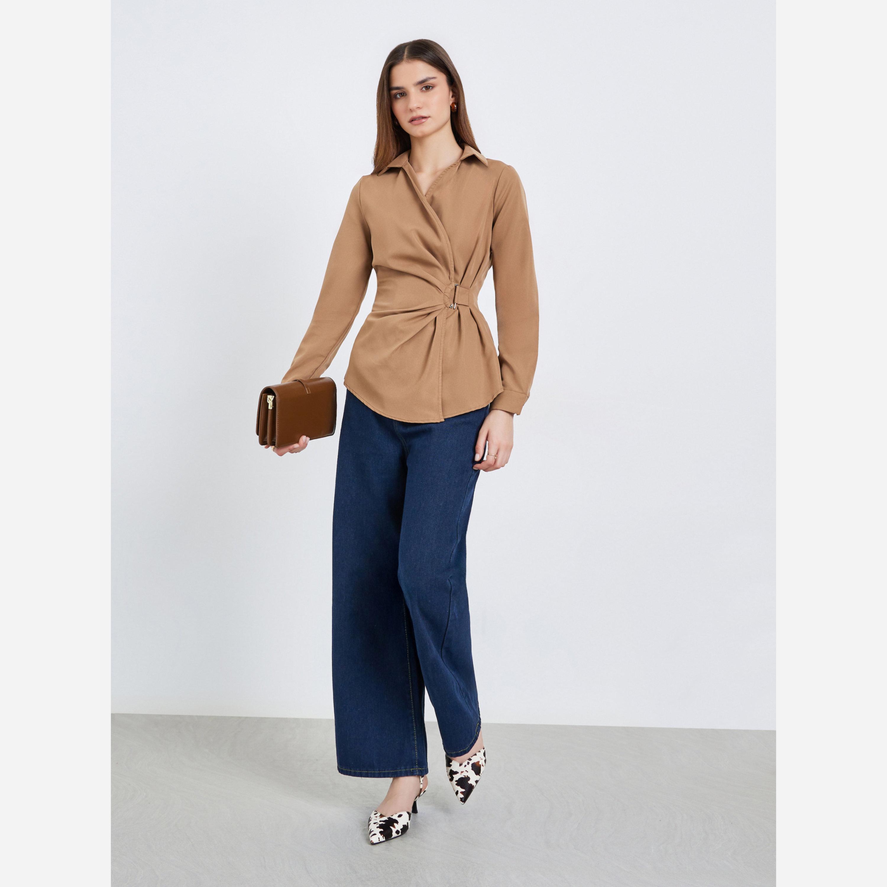 Styli Women Brown Long Sleeve Wrap Shirt-women-clothing-shirtsandblouses-blouses-image-2