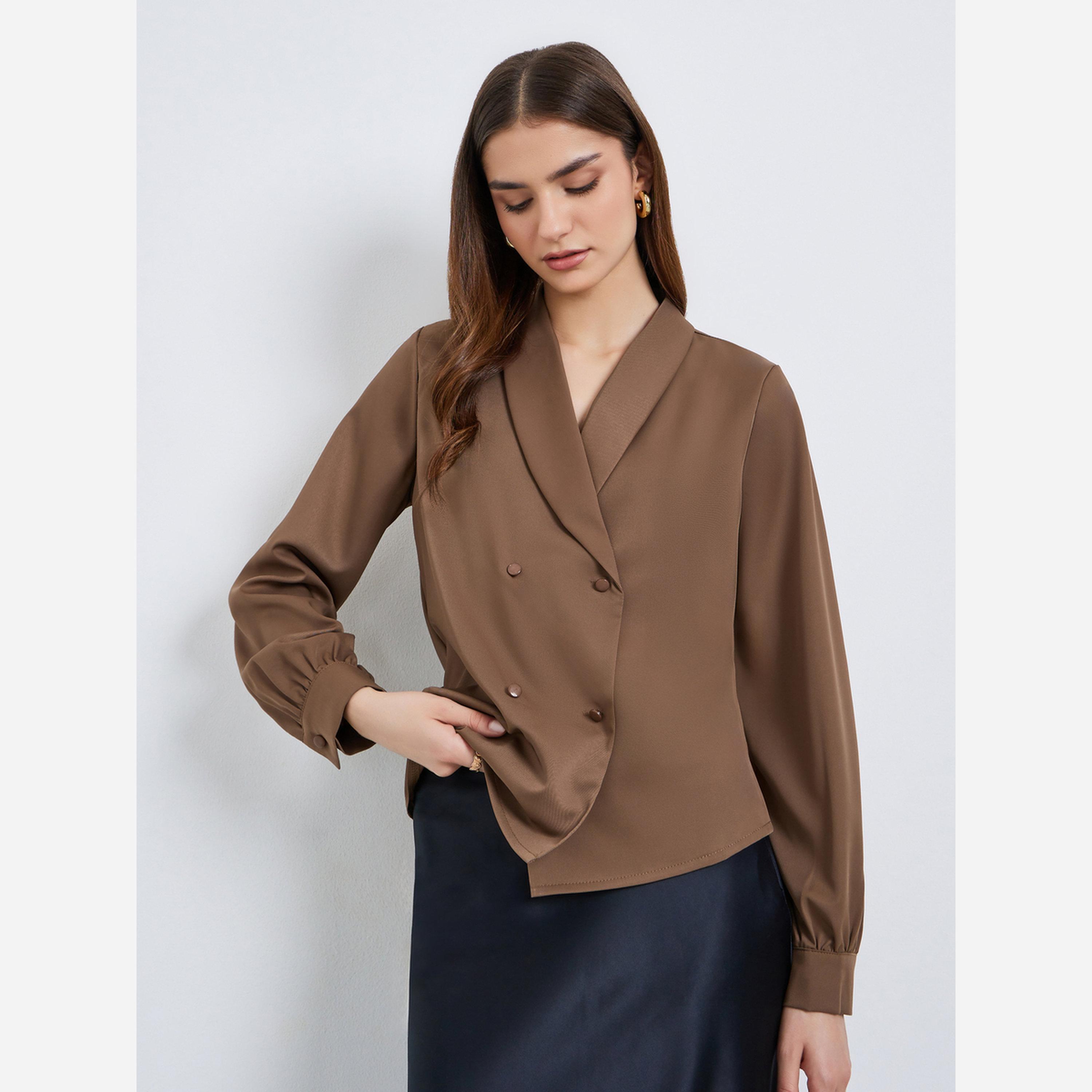 Styli Women Brown Buttoned Wrap Top-women-clothing-shirtsandblouses-blouses-image-1