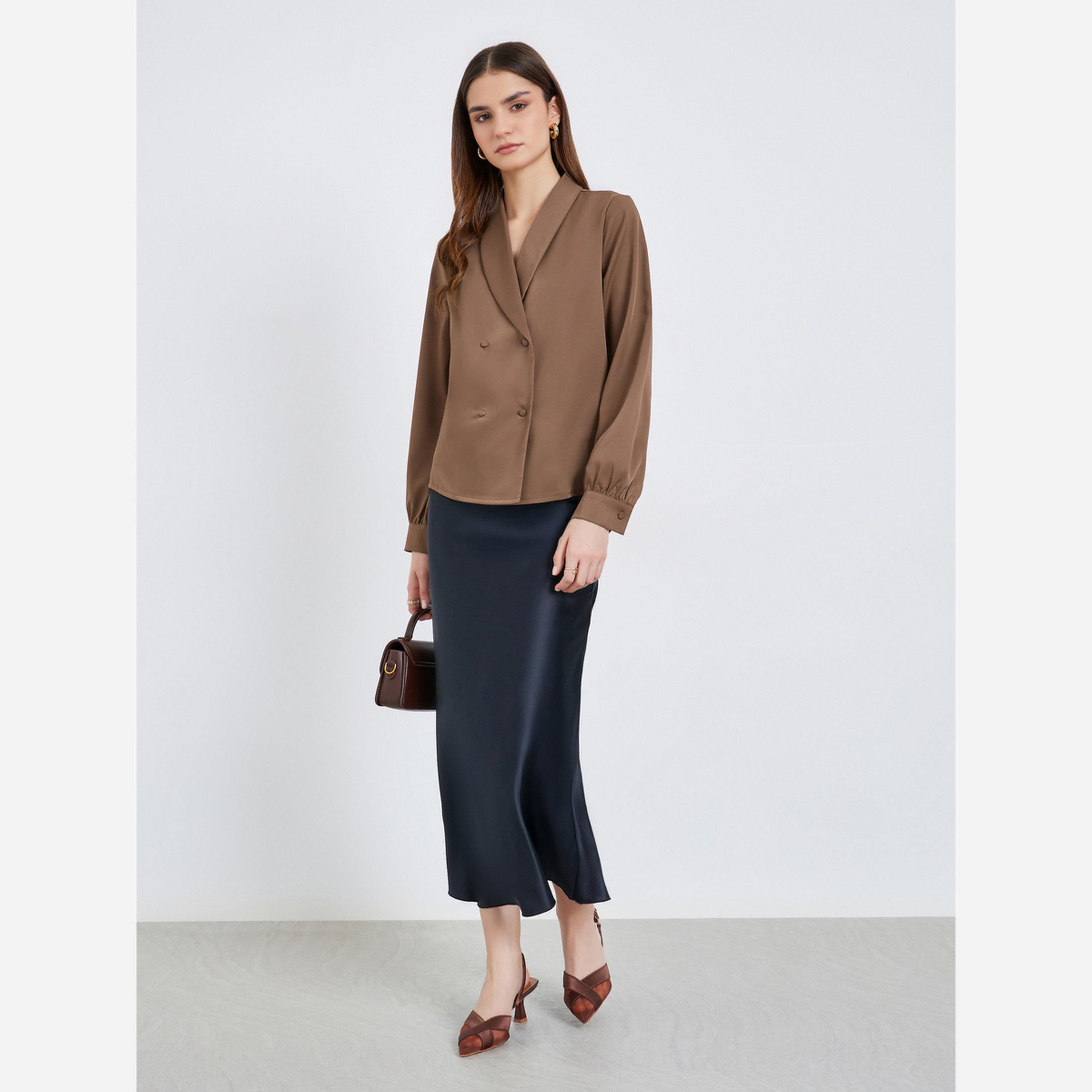 Styli Women Brown Buttoned Wrap Top-women-clothing-shirtsandblouses-blouses-image-2