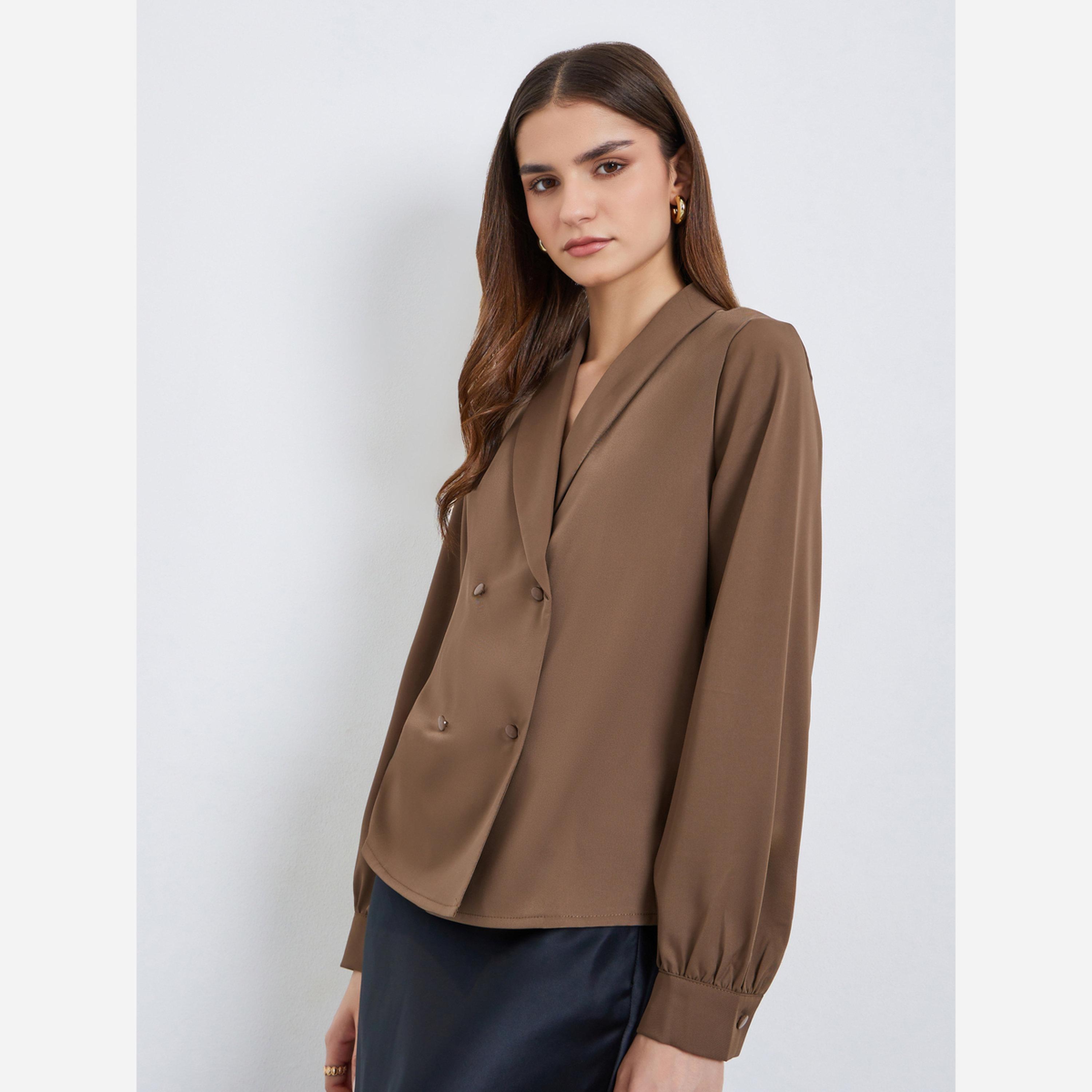 Styli Women Brown Buttoned Wrap Top-women-clothing-shirtsandblouses-blouses-image-3