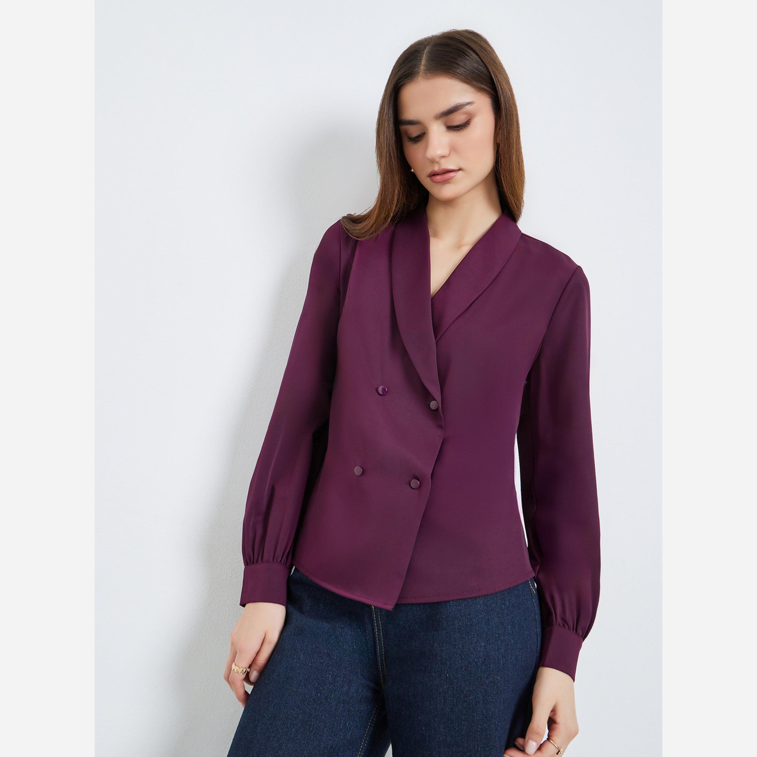 ستايلي - بلوزة للنساء ملفوفة بأزرار لون برغندي-women-clothing-shirtsandblouses-blouses-image-1