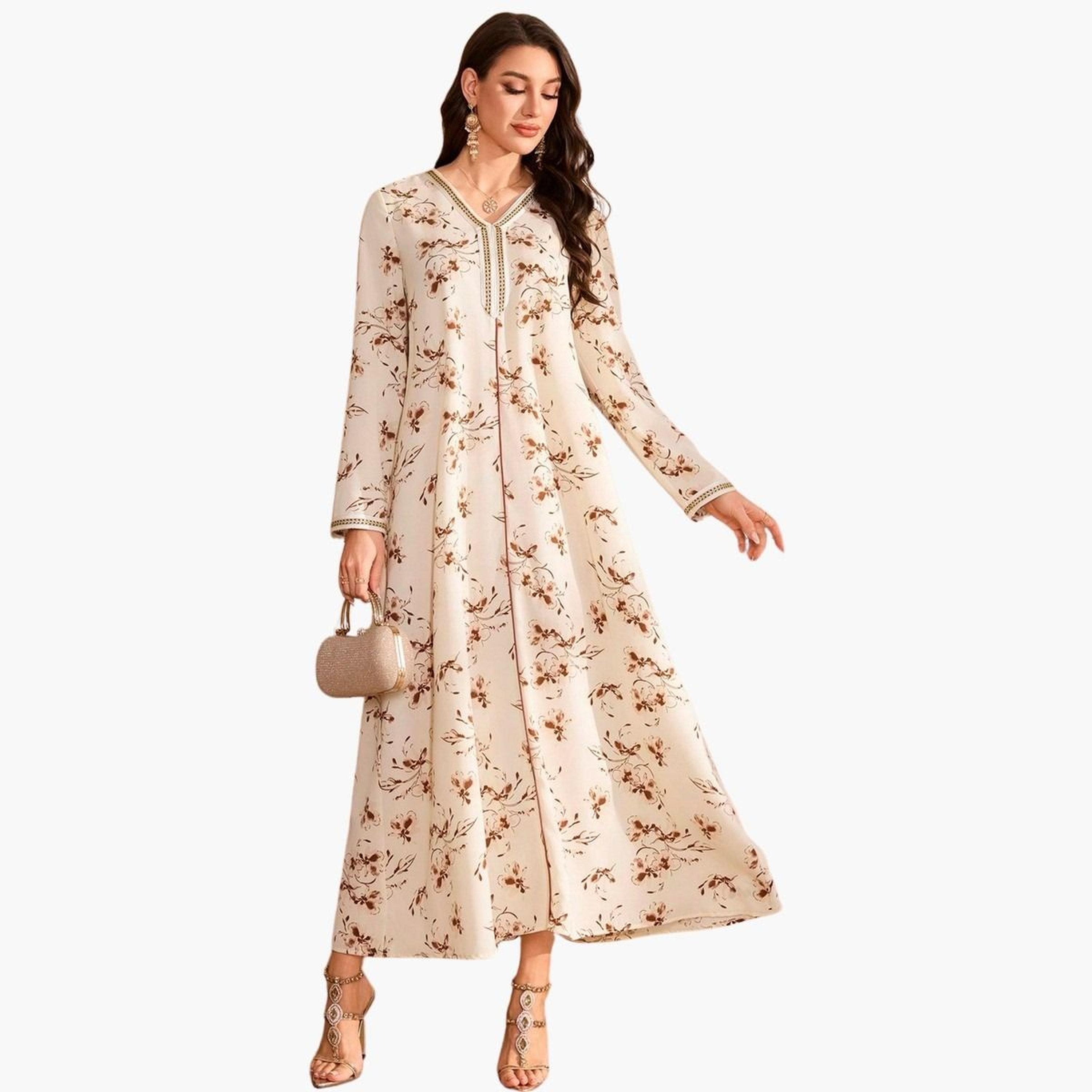 تيك تو - جلابية ماكسي بأكمام طويلة ورقبة على شكل حرف V وطبعة زهور-women-arabicclothing-jalabiyas-image-1