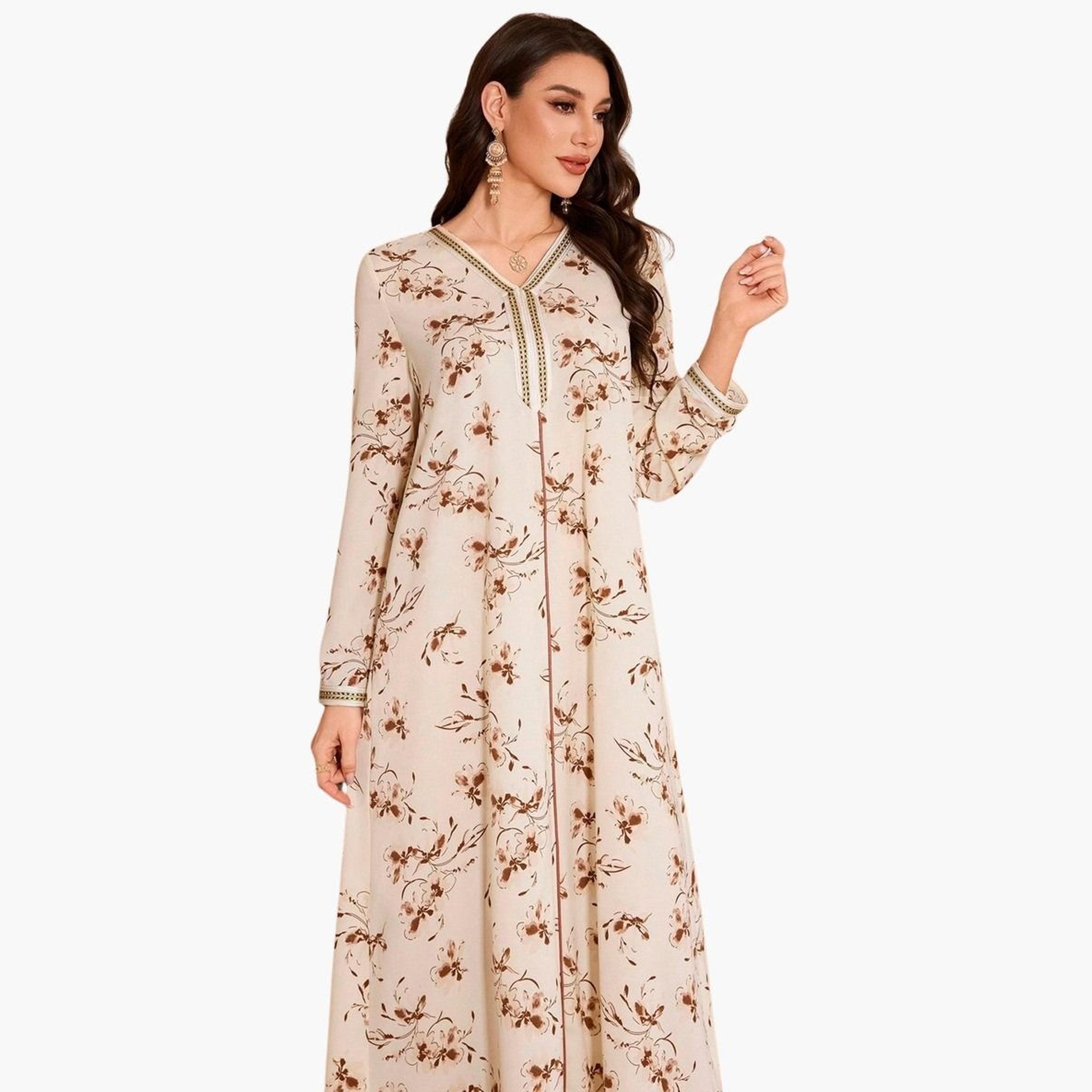 Take Two Floral Print V-Neck Long Sleeve Maxi Jalabiya-women-arabicclothing-jalabiyas-image-3