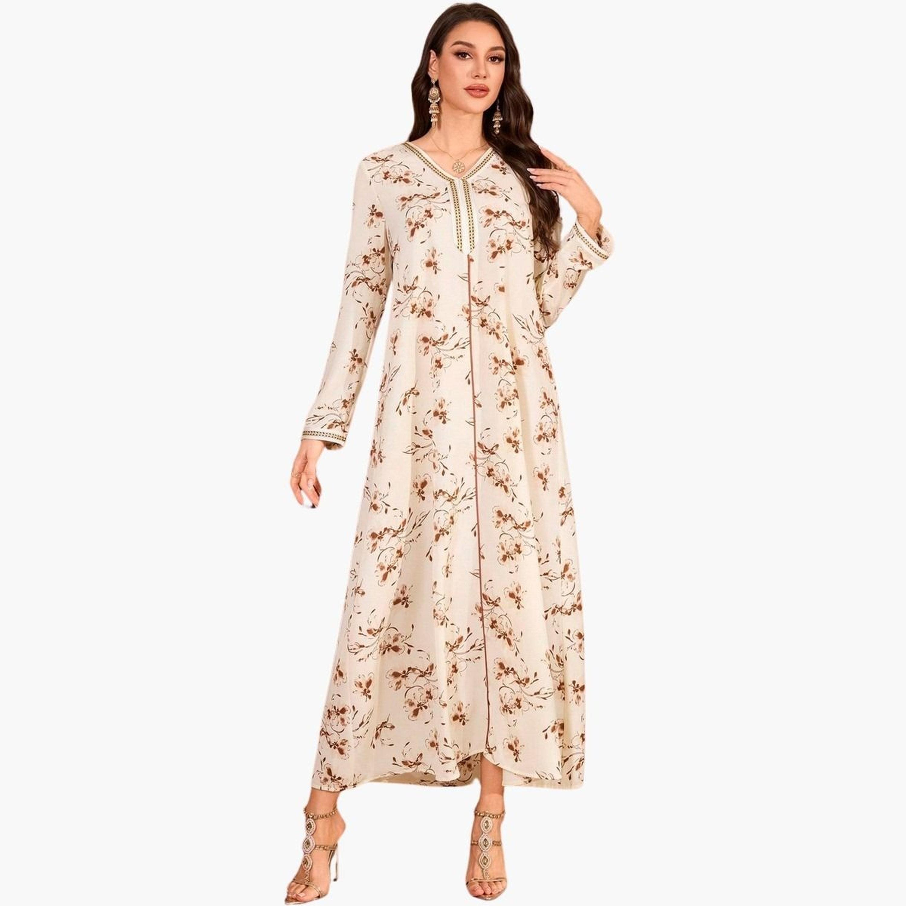 Take Two Floral Print V-Neck Long Sleeve Maxi Jalabiya-women-arabicclothing-jalabiyas-image-4