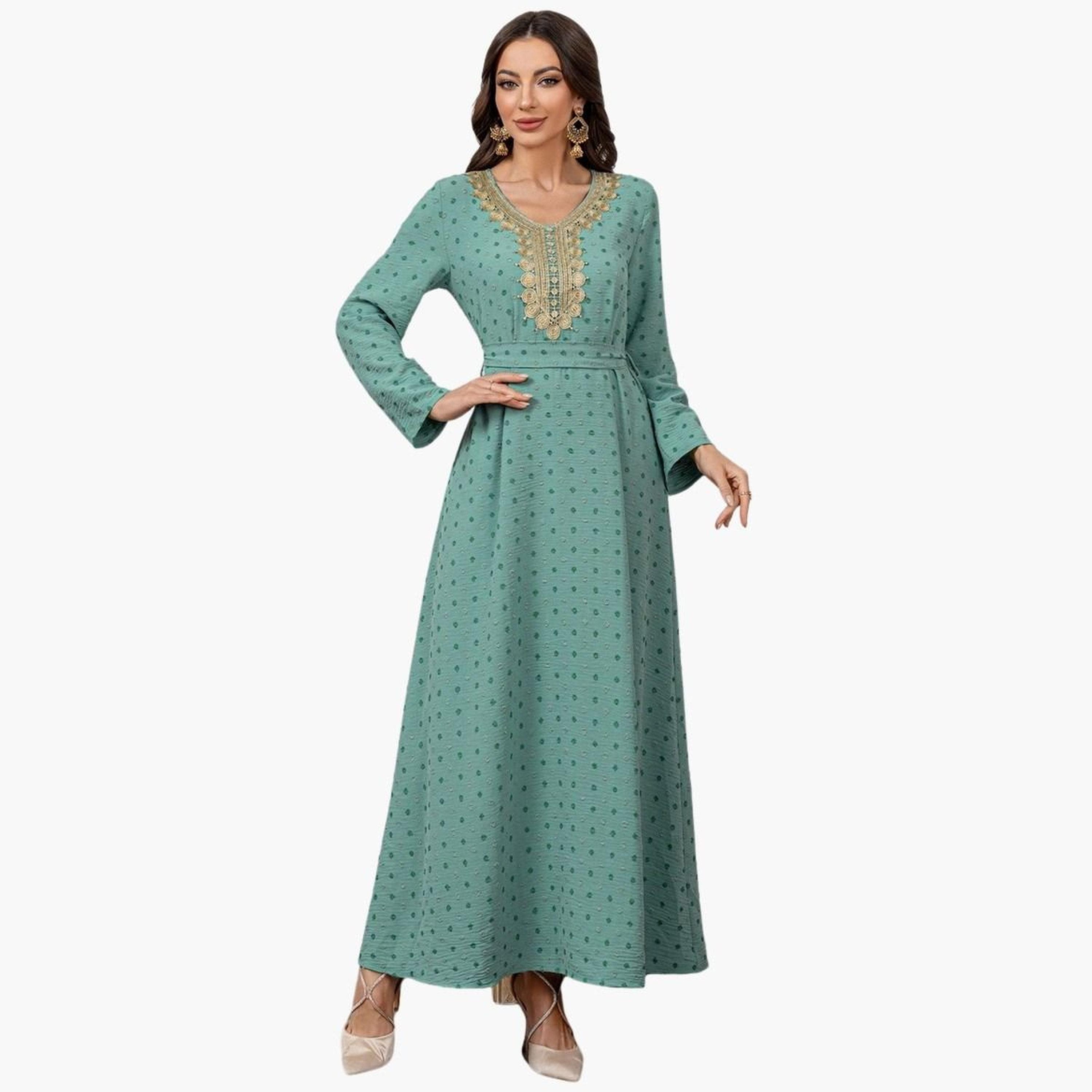 Take Two Texture Embroidery Neck Detail Belted Maxi Jalabiya-women-arabicclothing-jalabiyas-image-1