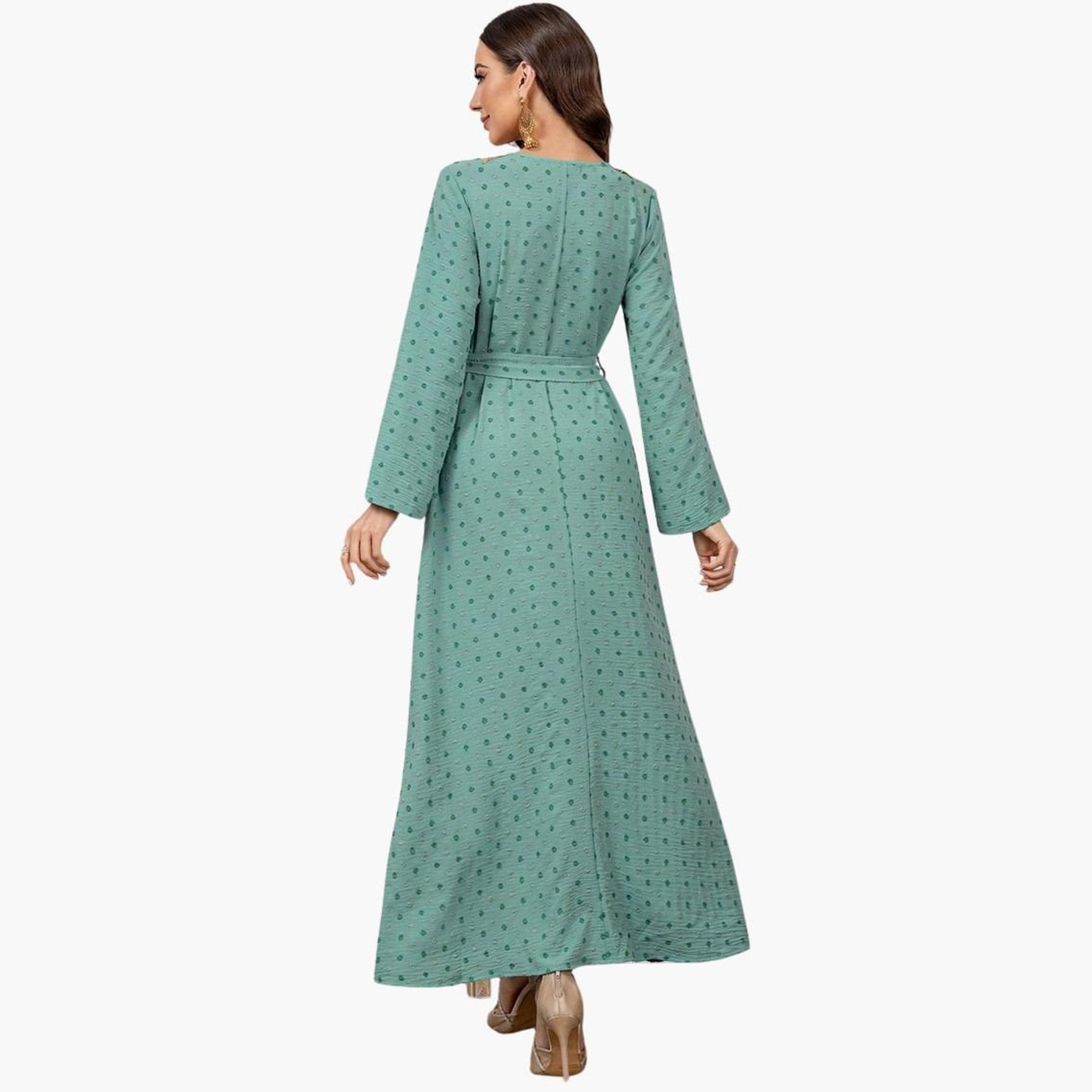 Take Two Texture Embroidery Neck Detail Belted Maxi Jalabiya-women-arabicclothing-jalabiyas-image-2
