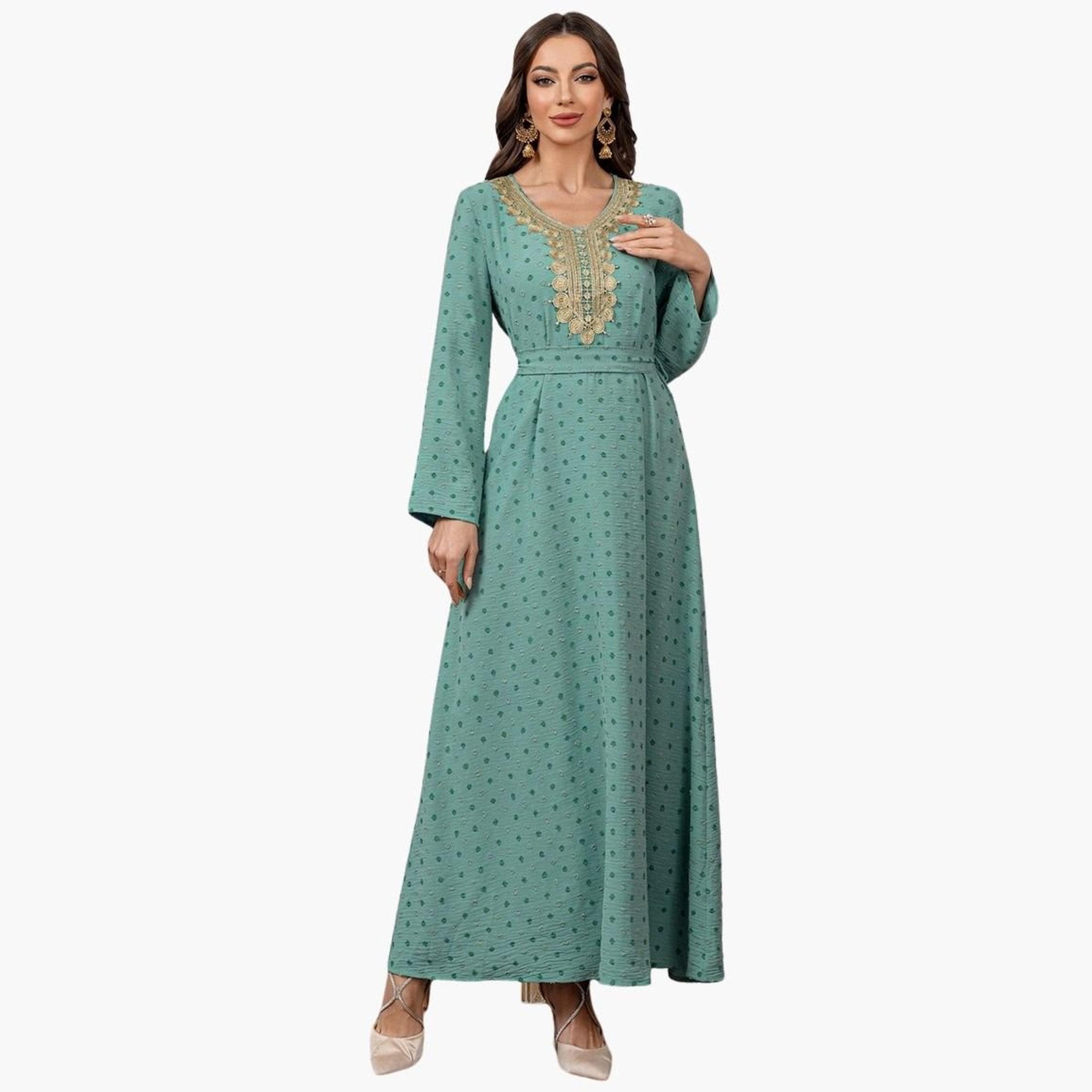 Take Two Texture Embroidery Neck Detail Belted Maxi Jalabiya-women-arabicclothing-jalabiyas-image-3