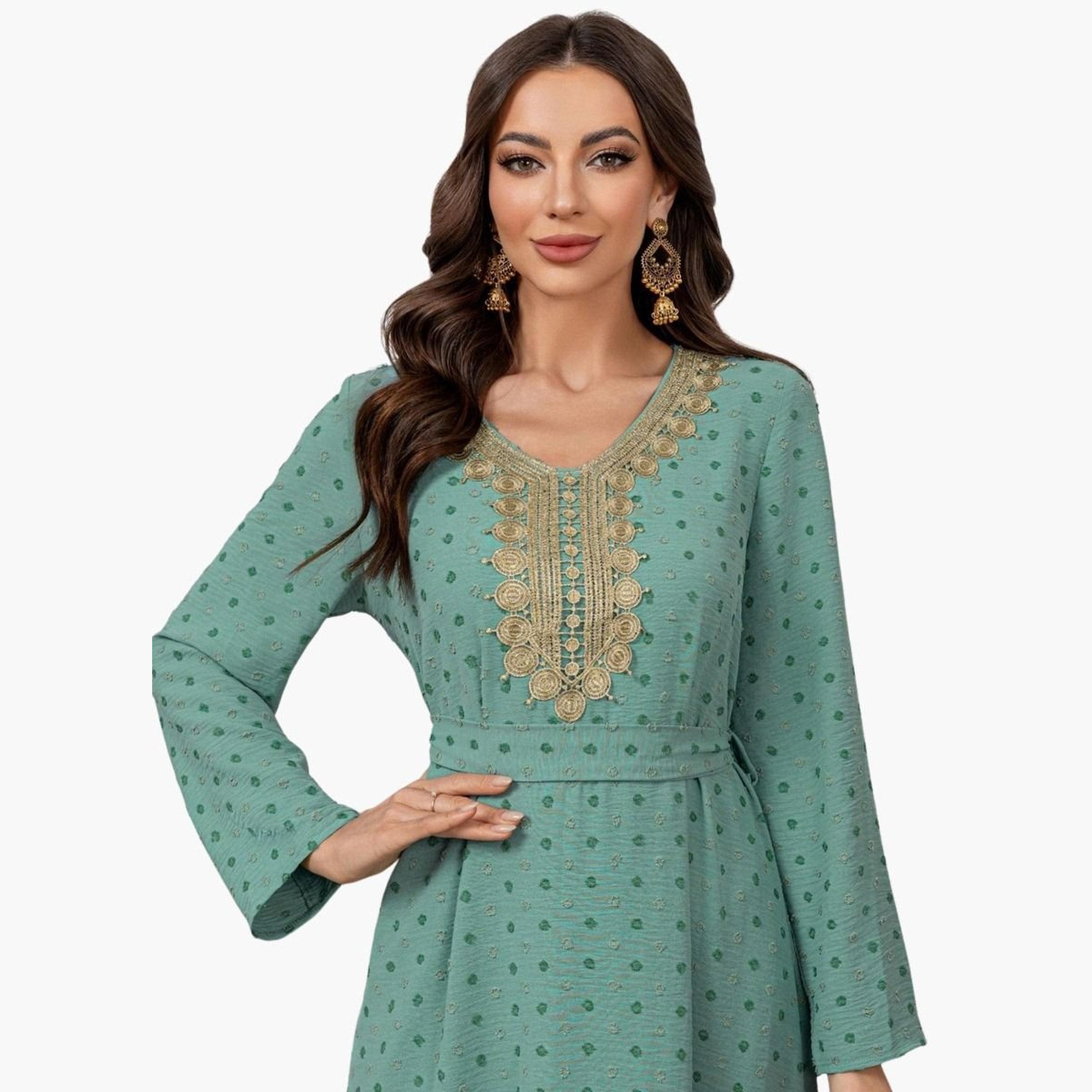 Take Two Texture Embroidery Neck Detail Belted Maxi Jalabiya-women-arabicclothing-jalabiyas-image-4