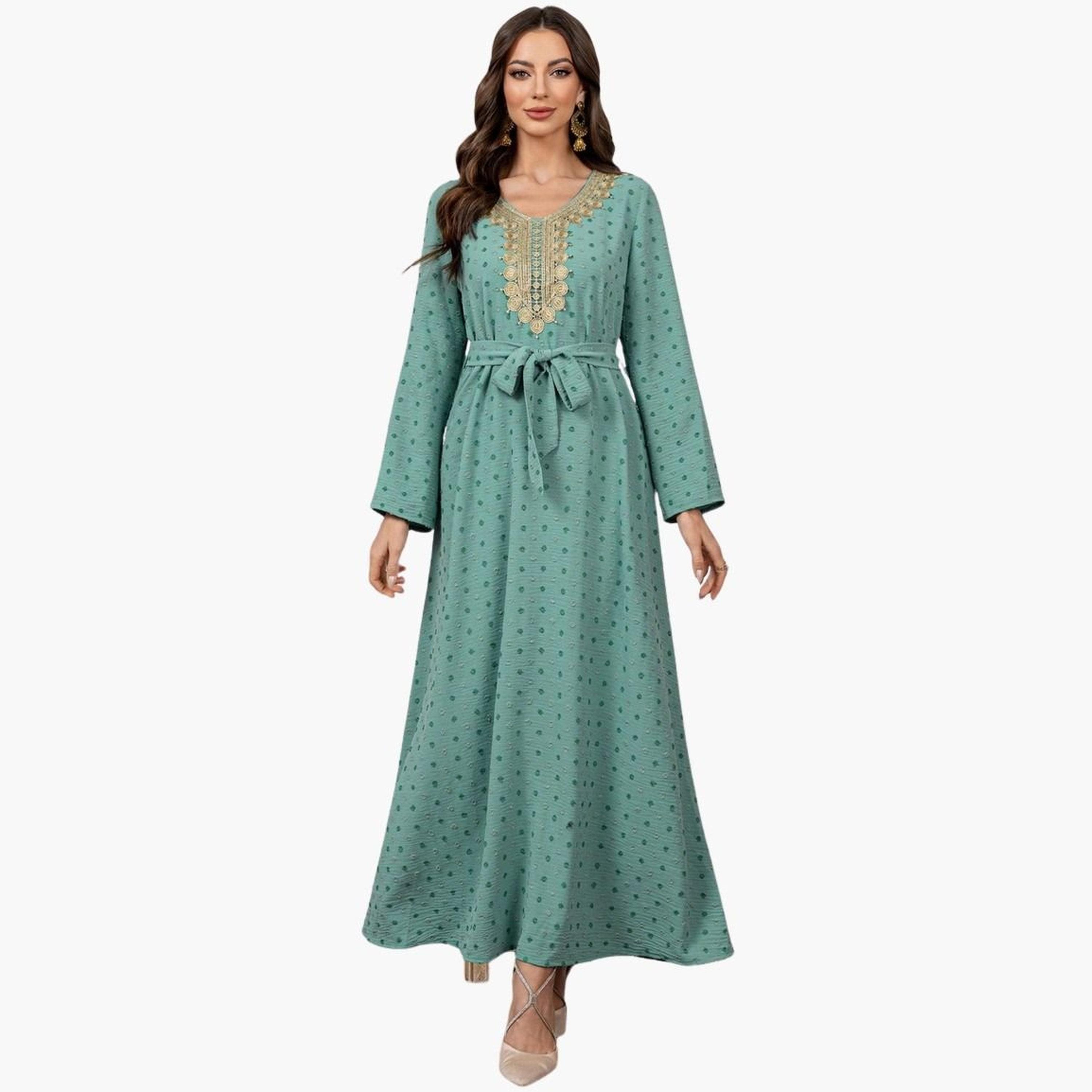 Take Two Texture Embroidery Neck Detail Belted Maxi Jalabiya-women-arabicclothing-jalabiyas-image-5