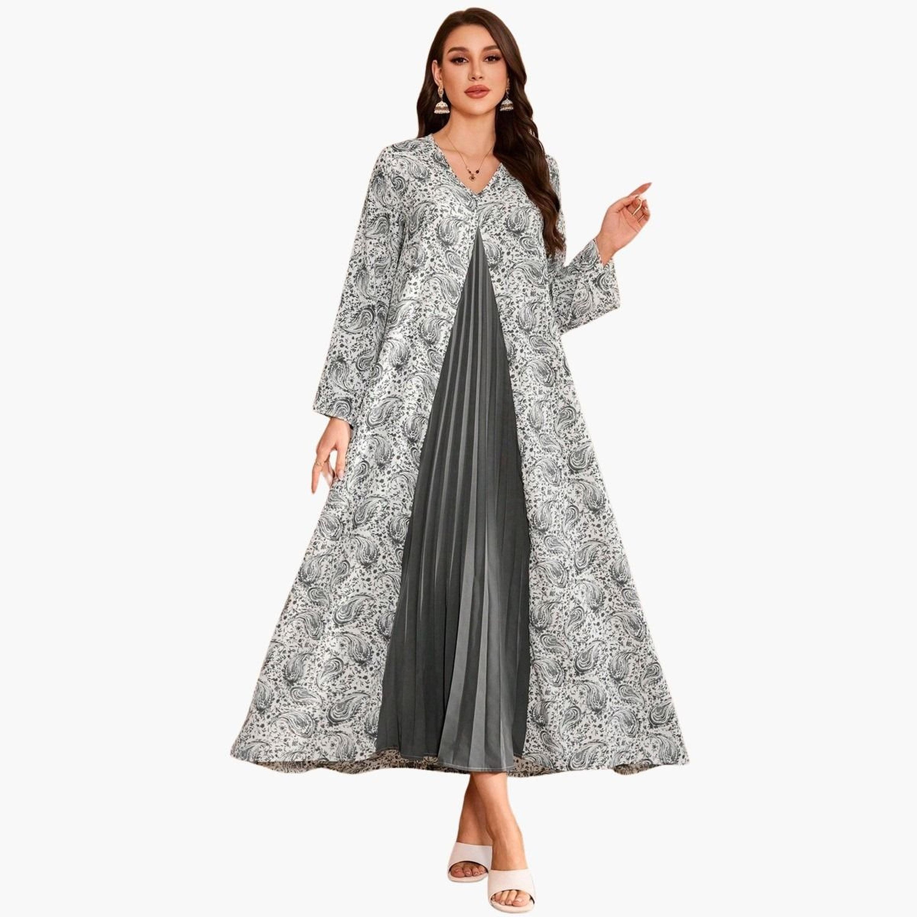 Take Two Floral Print Pleated Detail A-Line Maxi Jalabiya-women-arabicclothing-jalabiyas-image-1