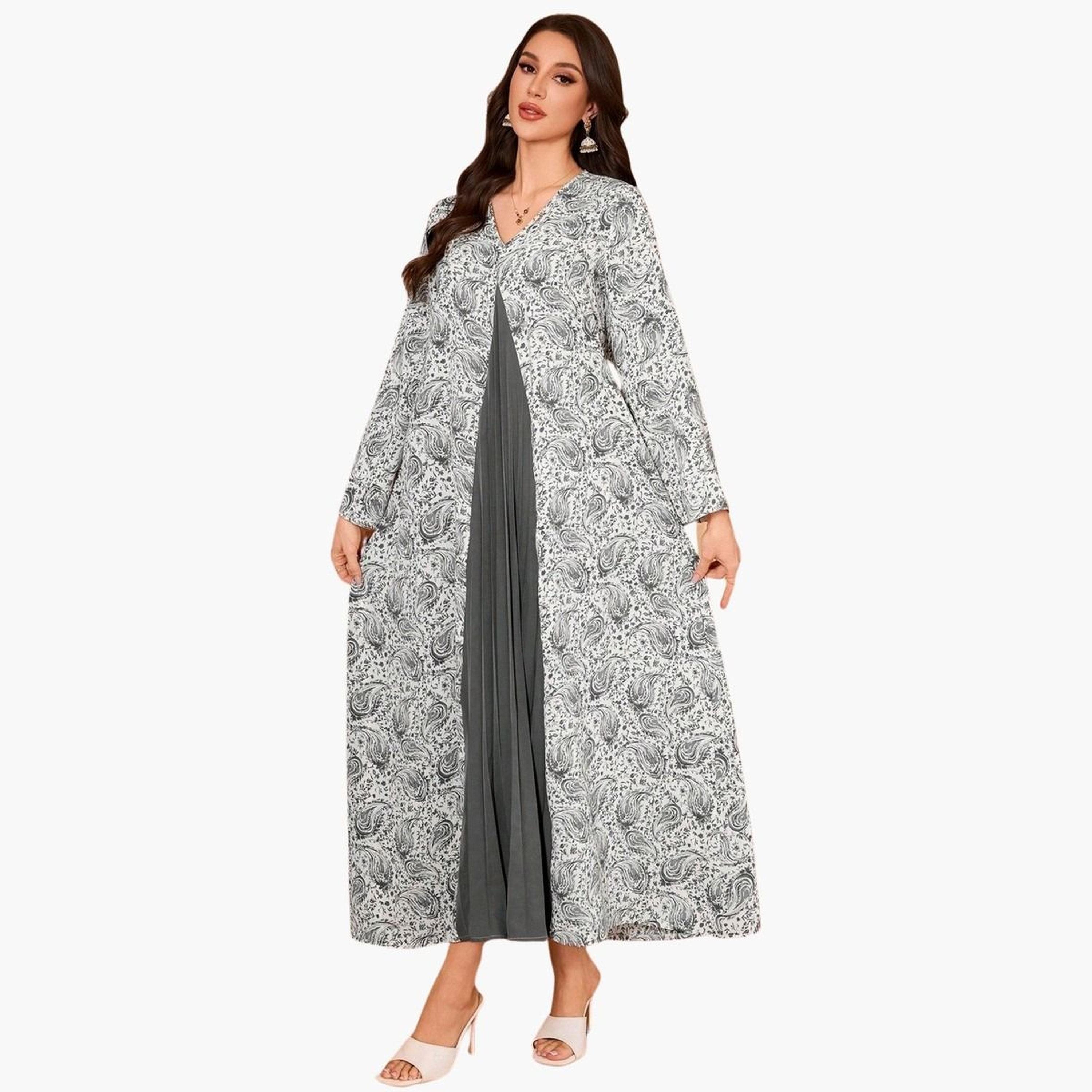Take Two Floral Print Pleated Detail A-Line Maxi Jalabiya-women-arabicclothing-jalabiyas-image-3
