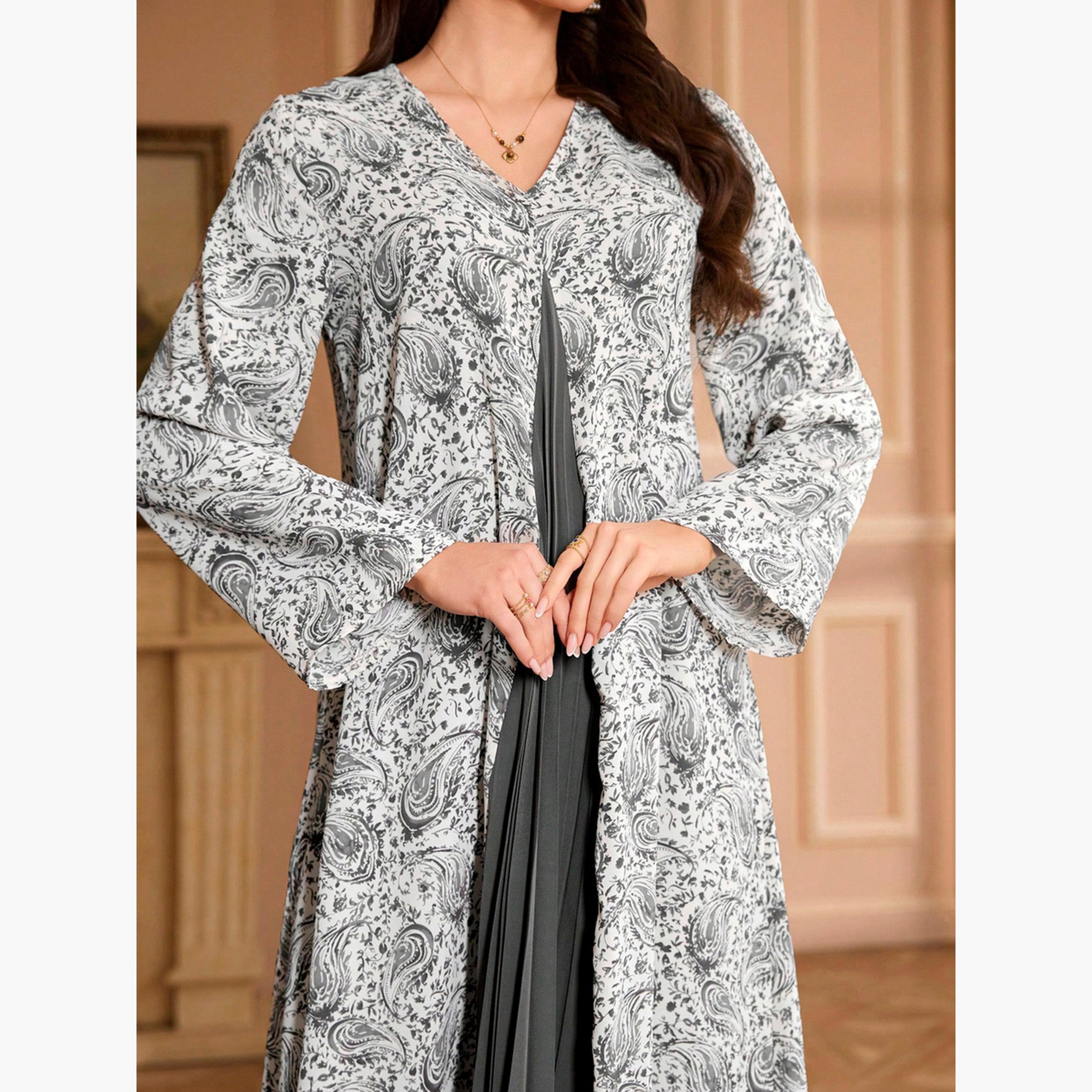 تيك تو - جلابية ماكسي نقشة زهور وتفاصيل مطوية وتصميم A-women-arabicclothing-jalabiyas-image-4