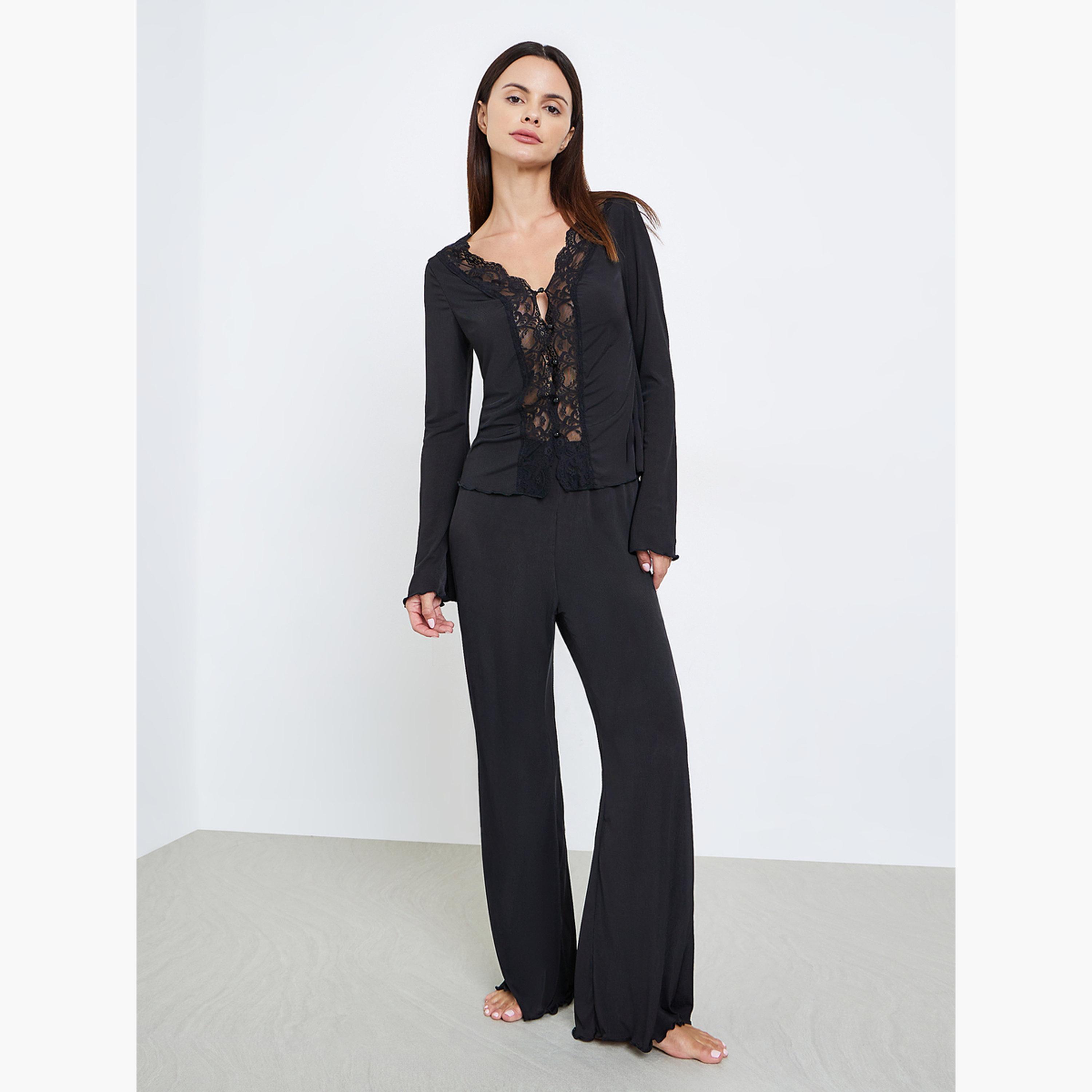 طقم بيجاما وبلوزة بأكمام طويلة وربطة أمامية ودانتيل-women-clothing-nightwear-pyjamas-longsets-image-1