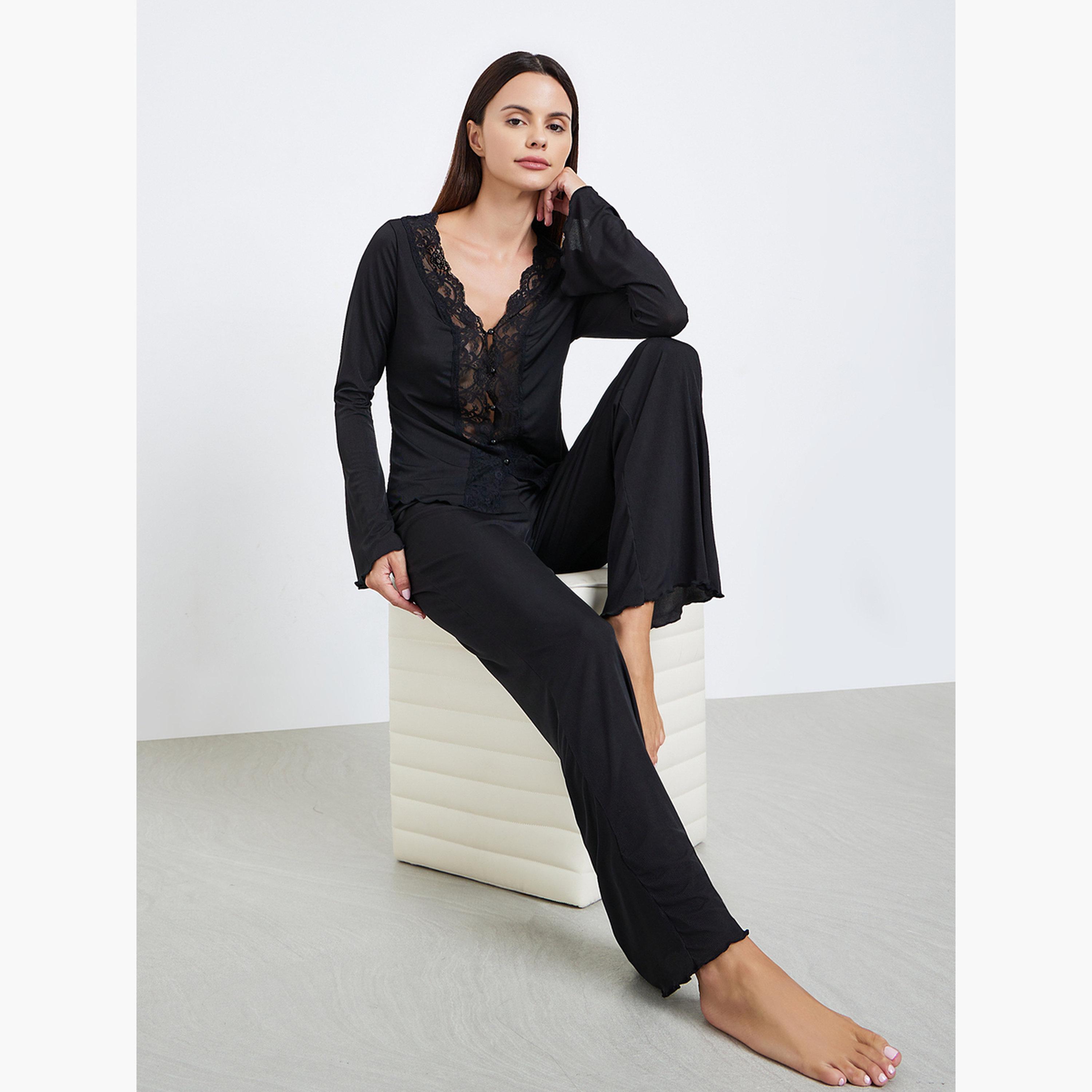 طقم بيجاما وبلوزة بأكمام طويلة وربطة أمامية ودانتيل-women-clothing-nightwear-pyjamas-longsets-image-3