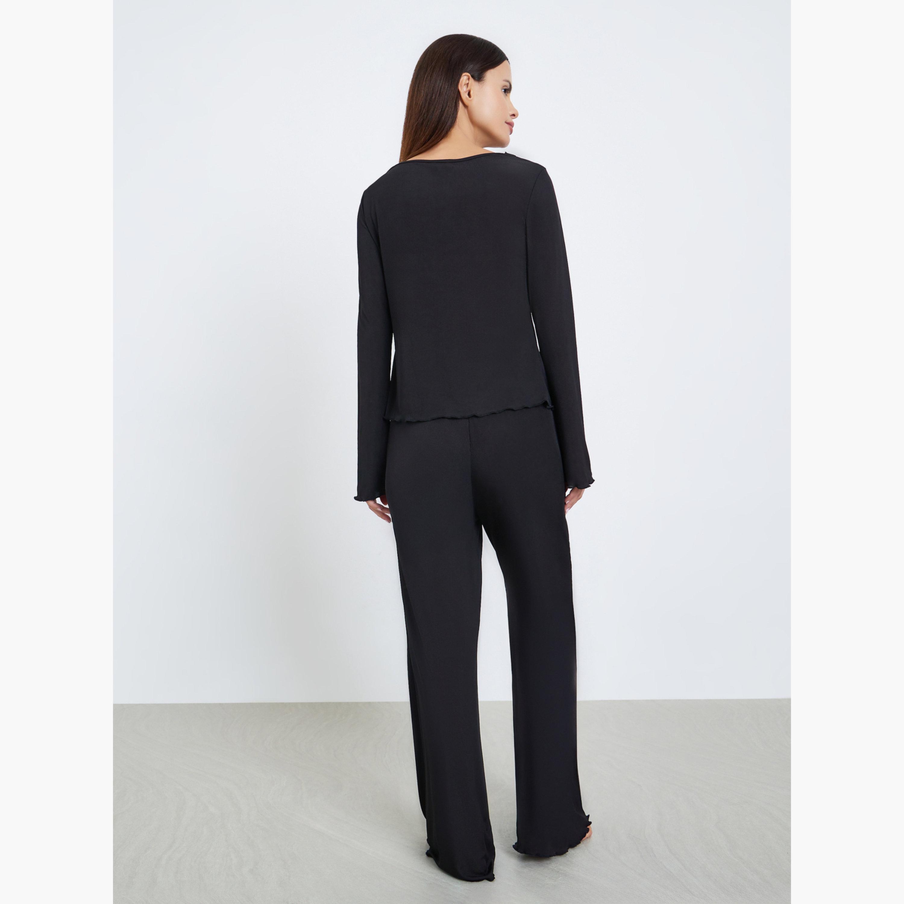 طقم بيجاما وبلوزة بأكمام طويلة وربطة أمامية ودانتيل-women-clothing-nightwear-pyjamas-longsets-image-4