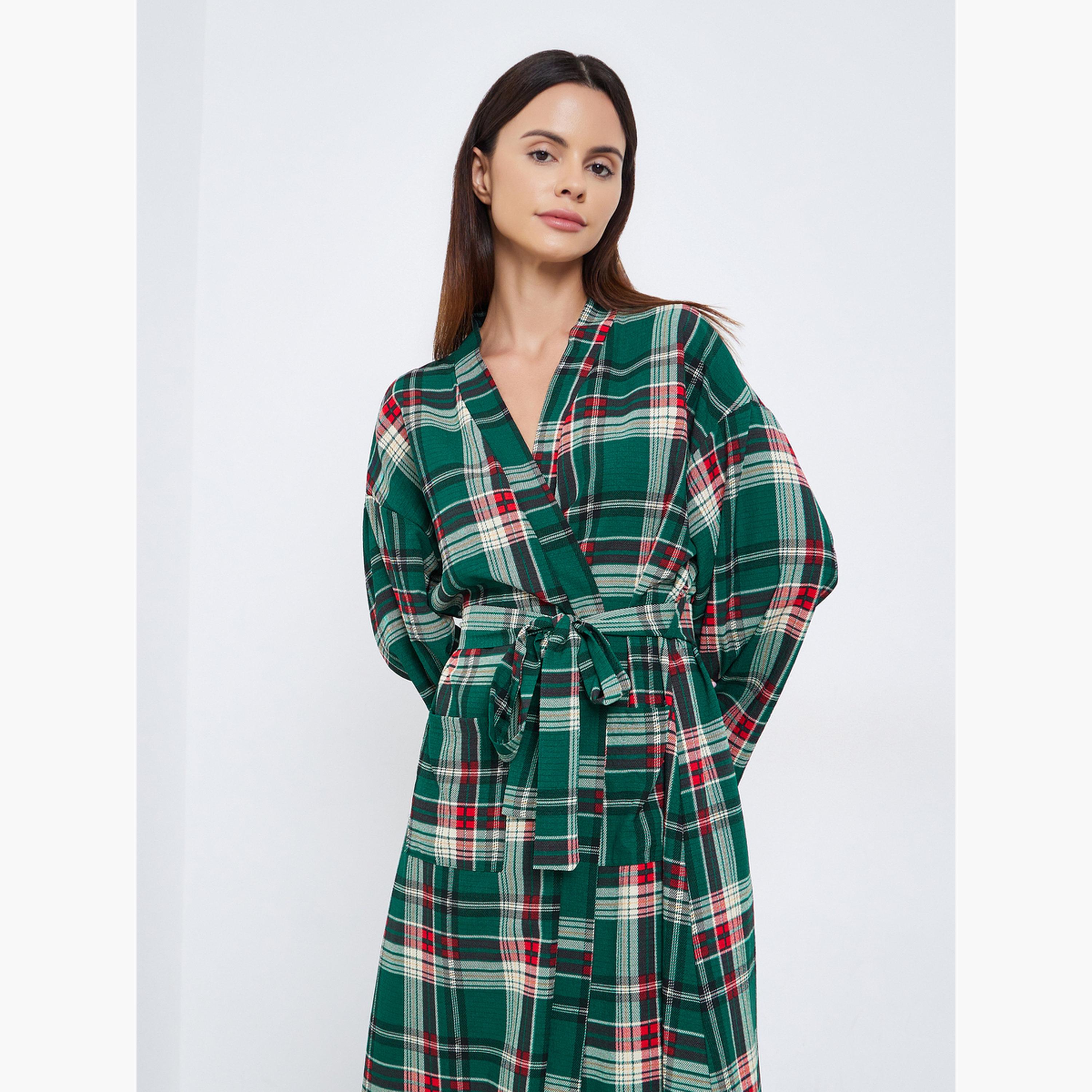 Styli Woven Check Belted Robe-women-clothing-nightwear-robes-image-2