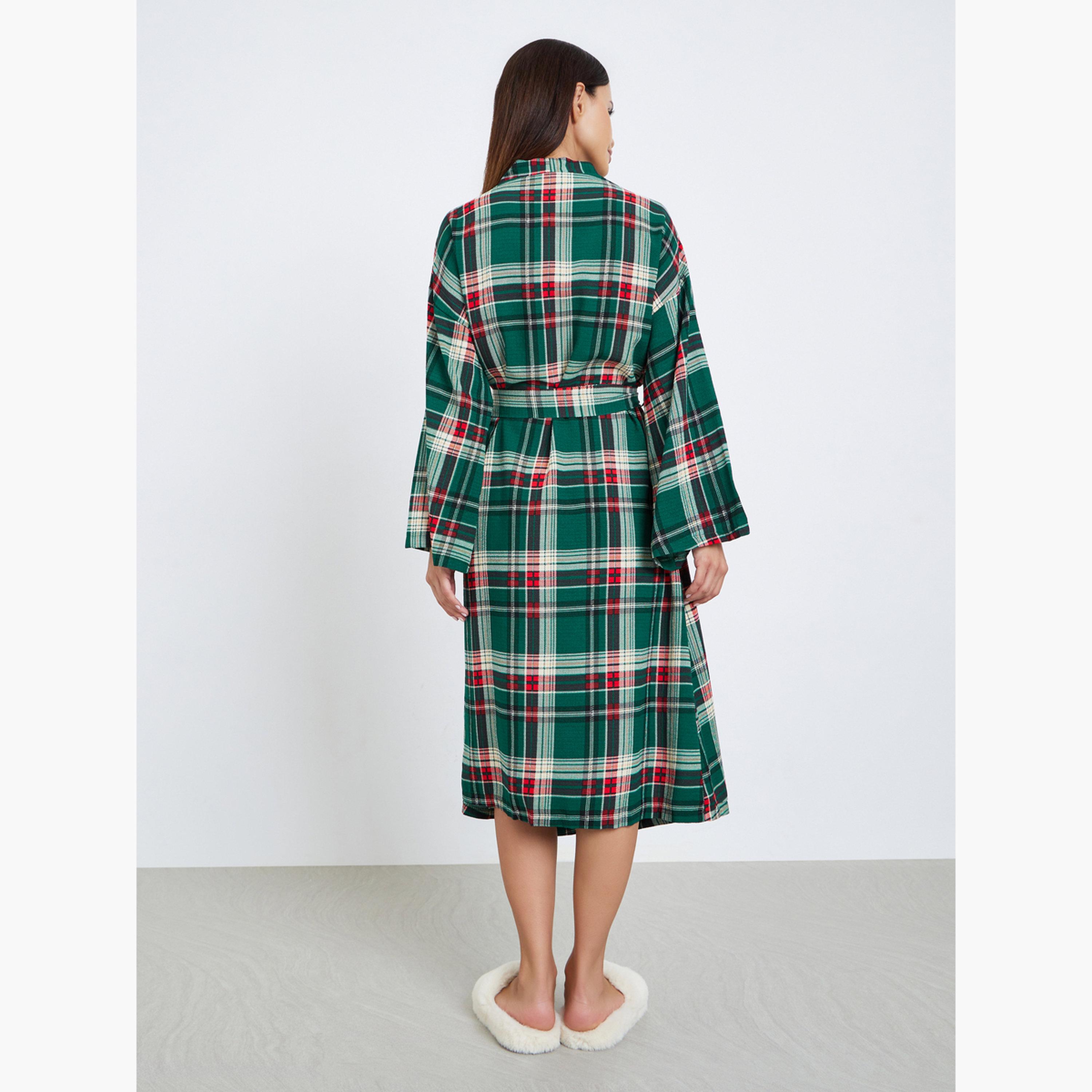 Styli Woven Check Belted Robe-women-clothing-nightwear-robes-image-3