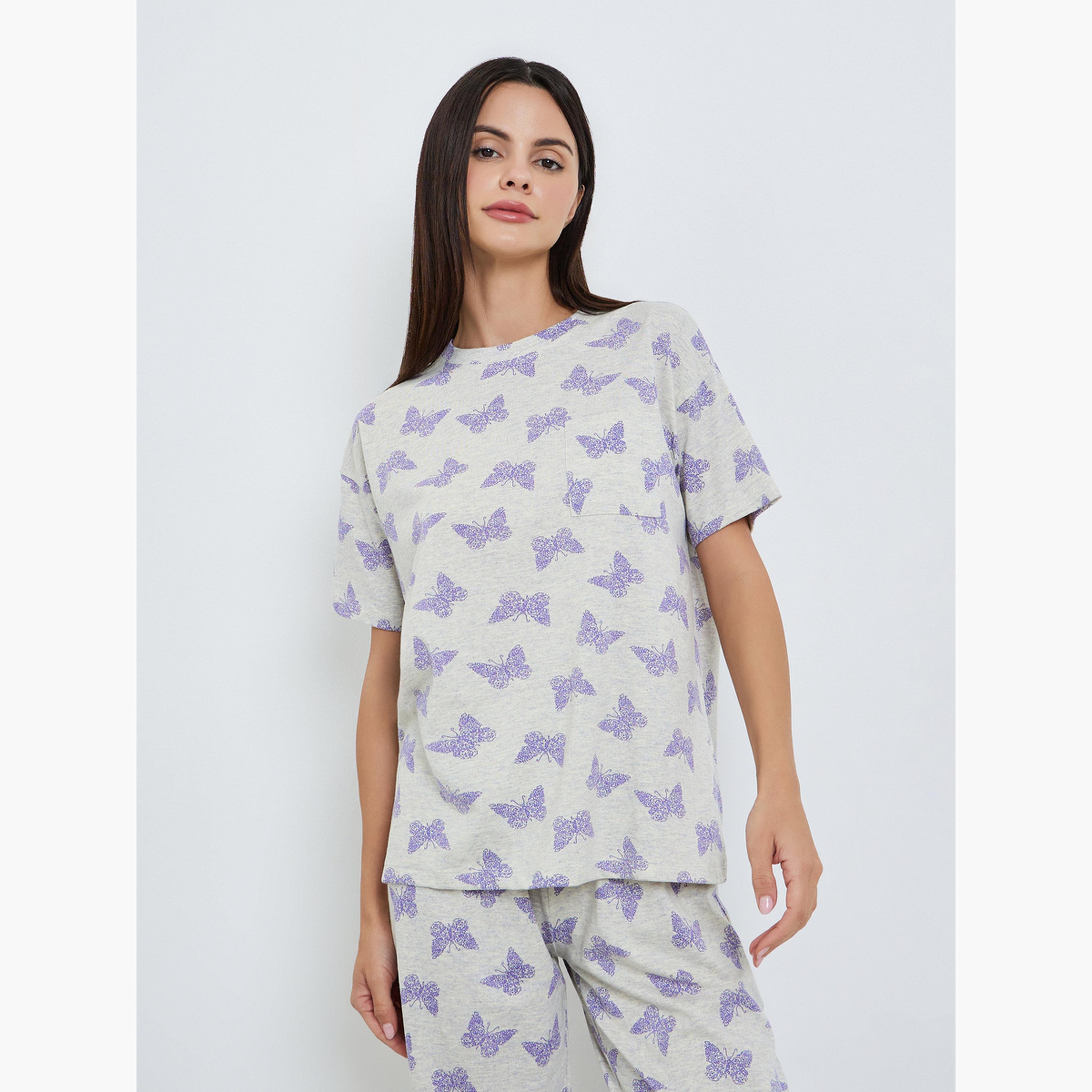 طقم بيجاما من بنطال وتيشيرت بطبعة فراشة-women-clothing-nightwear-pyjamas-longsets-image-2